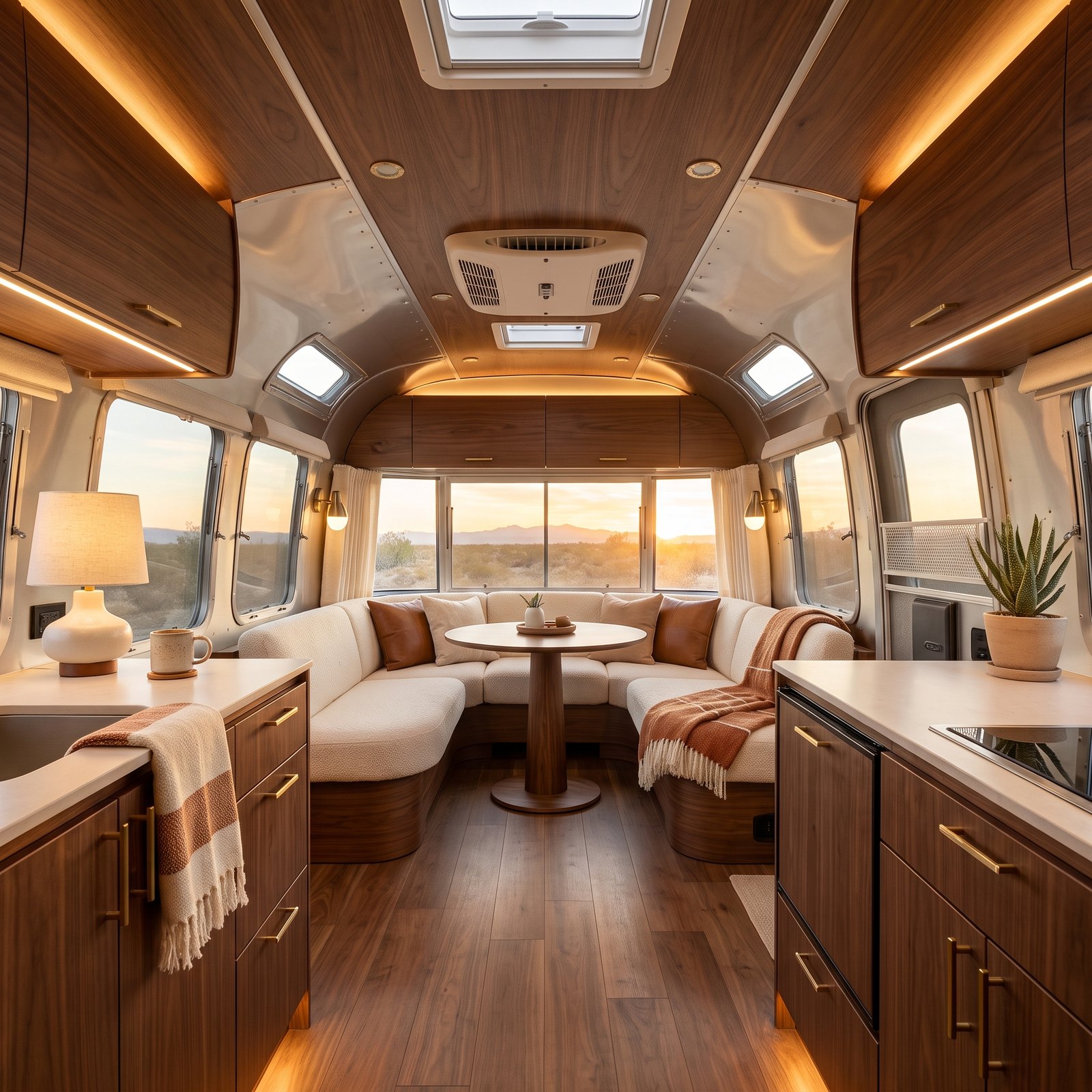 An Airstream Lounge Where Walnut Follows the Curve of the Ceiling