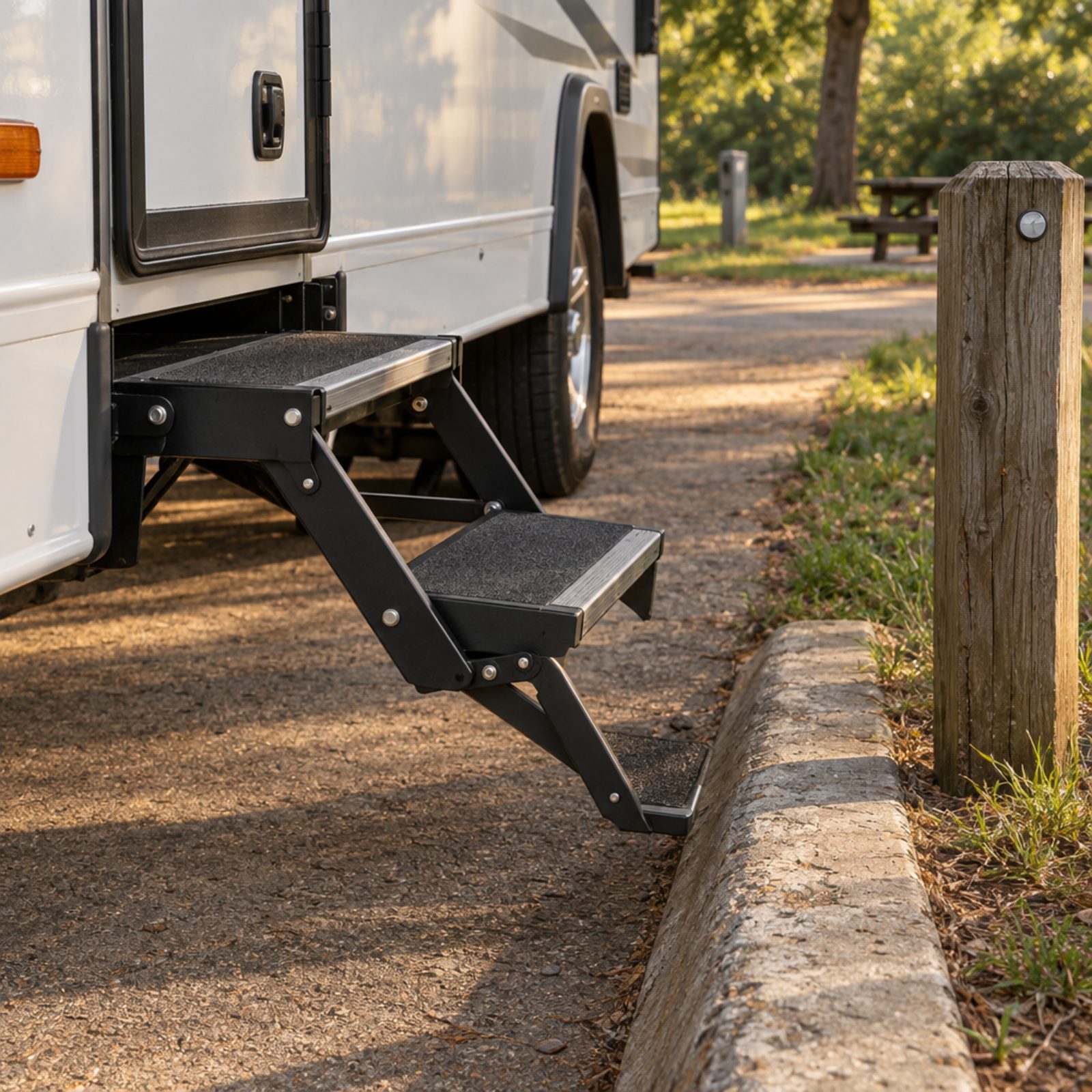 Arriving With Entry Steps Extended Risks Striking Curbs and Posts