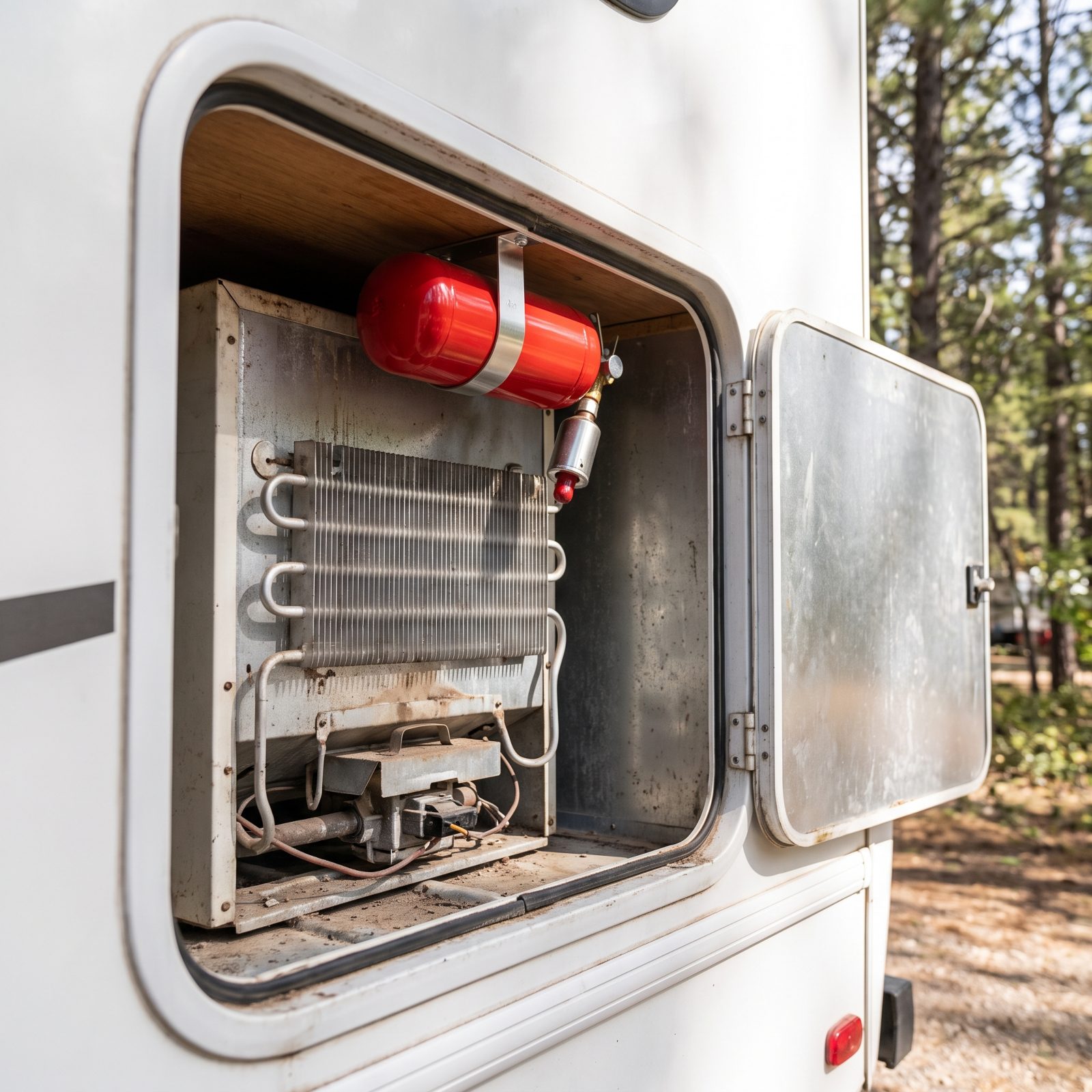 An Automatic Fire-Suppression Canister Above the RV Refrigerator