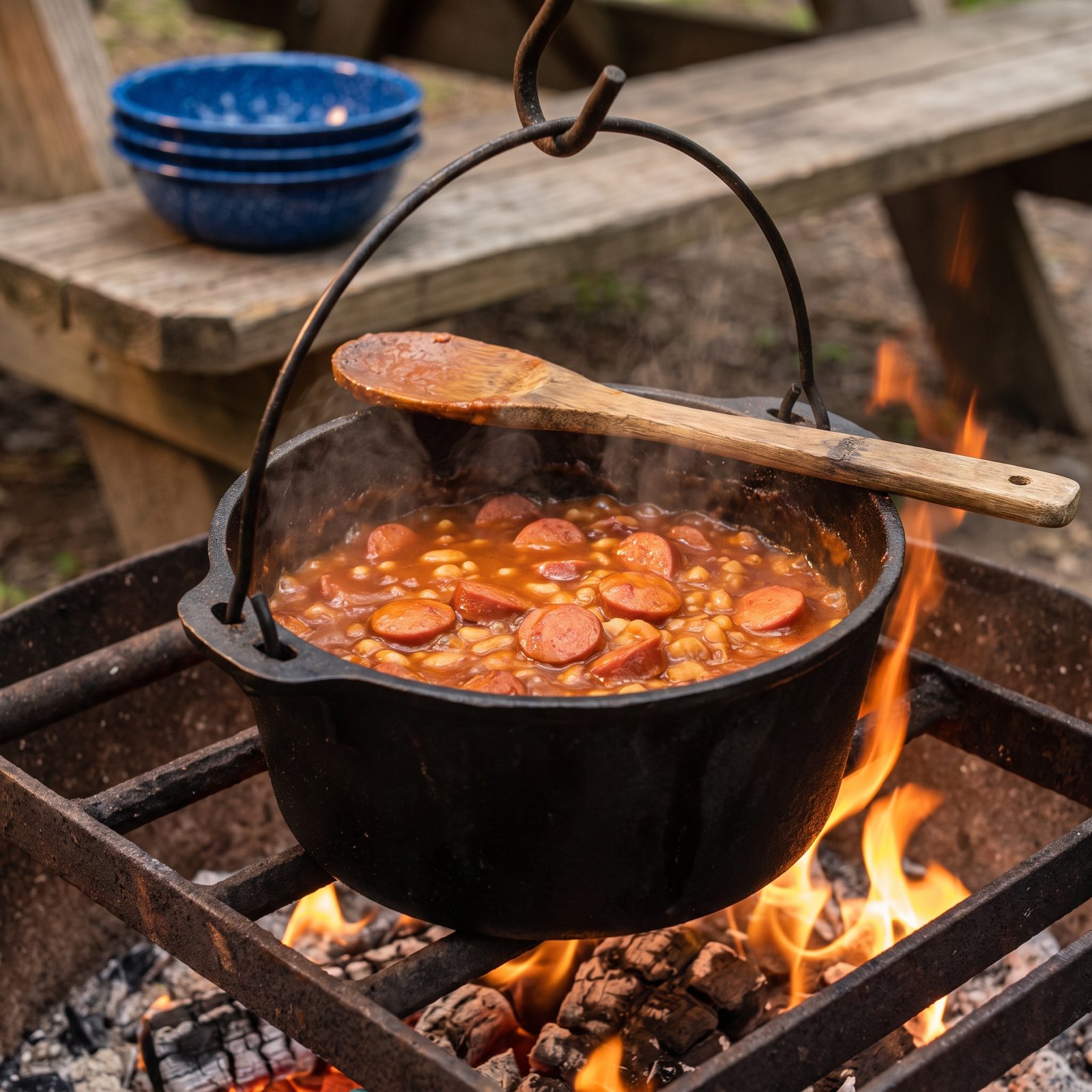 Beanie Weenies Bubbling in the Cast-Iron Pot