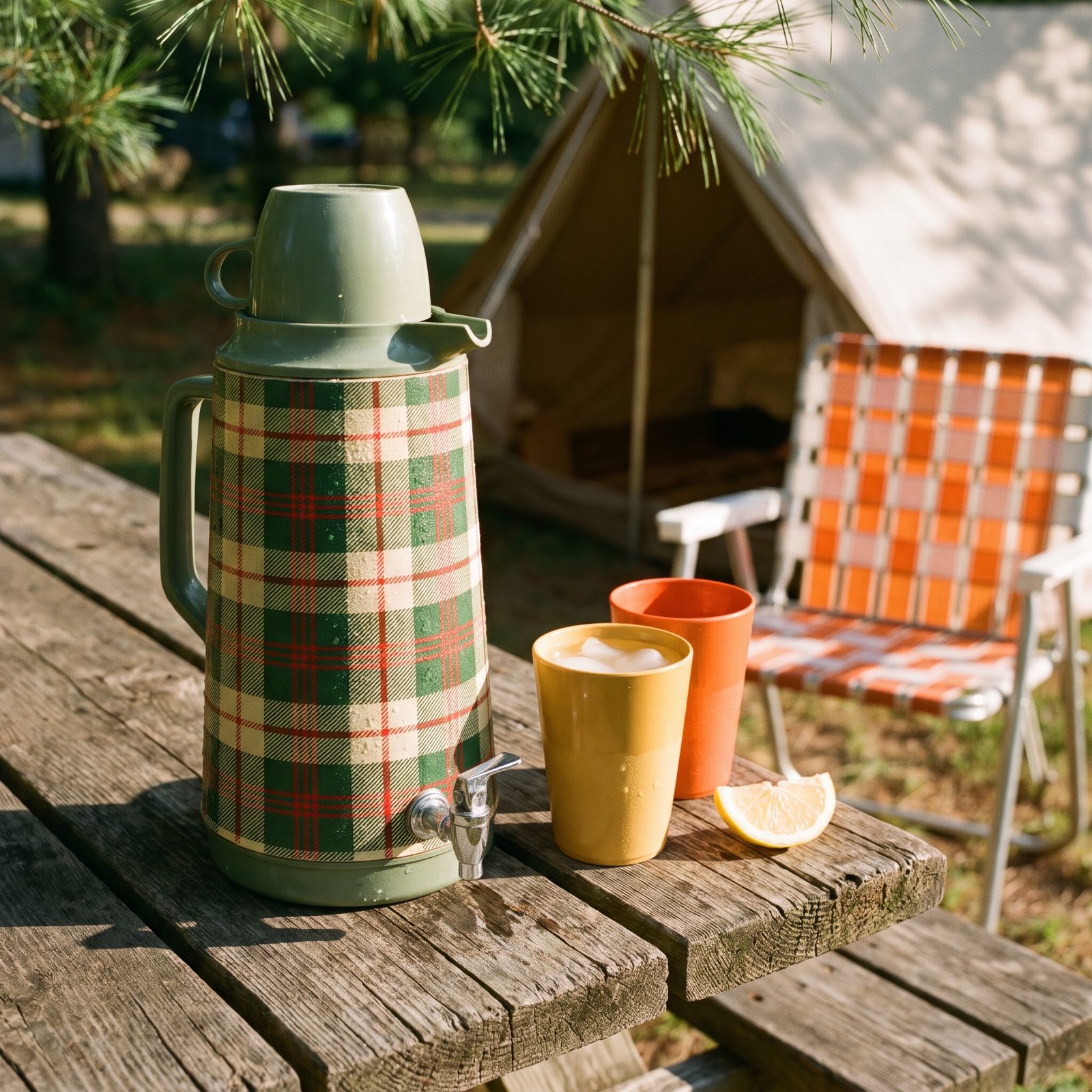 The Big Plaid Thermos of Lemonade Sweating on the Picnic Table