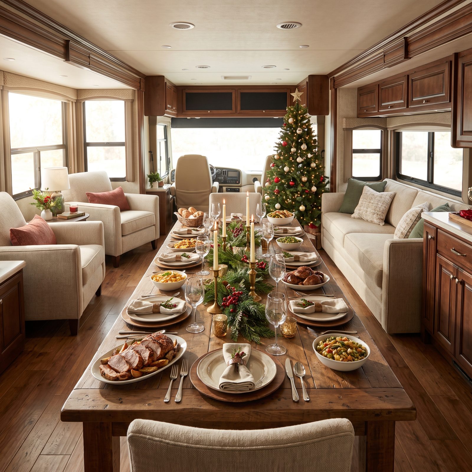 A Big Rig Living Room With a Christmas Eve Table Set for Eight