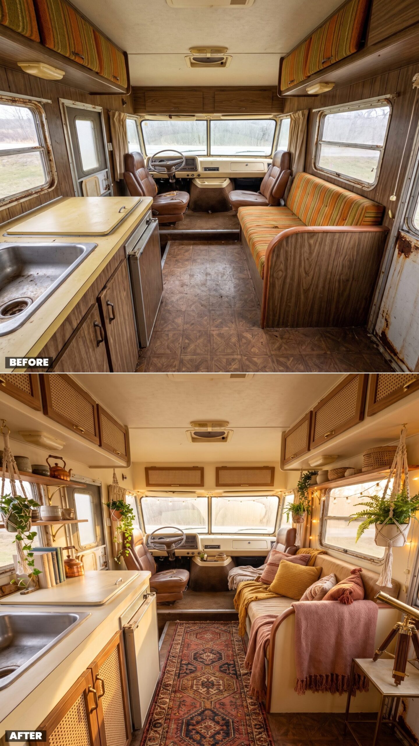 Boho Caravan with Macramé, Plants, and Sunset Tones