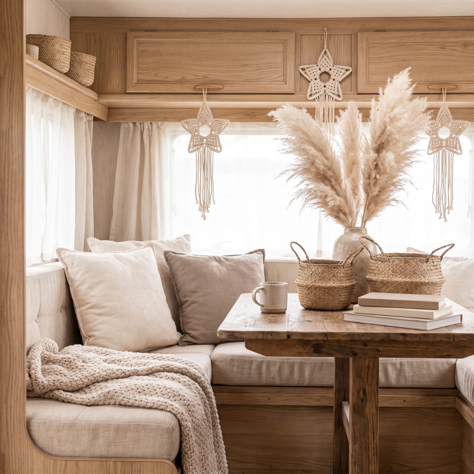 A Boho Travel Trailer With Pampas, Macramé Stars and Warm Neutrals