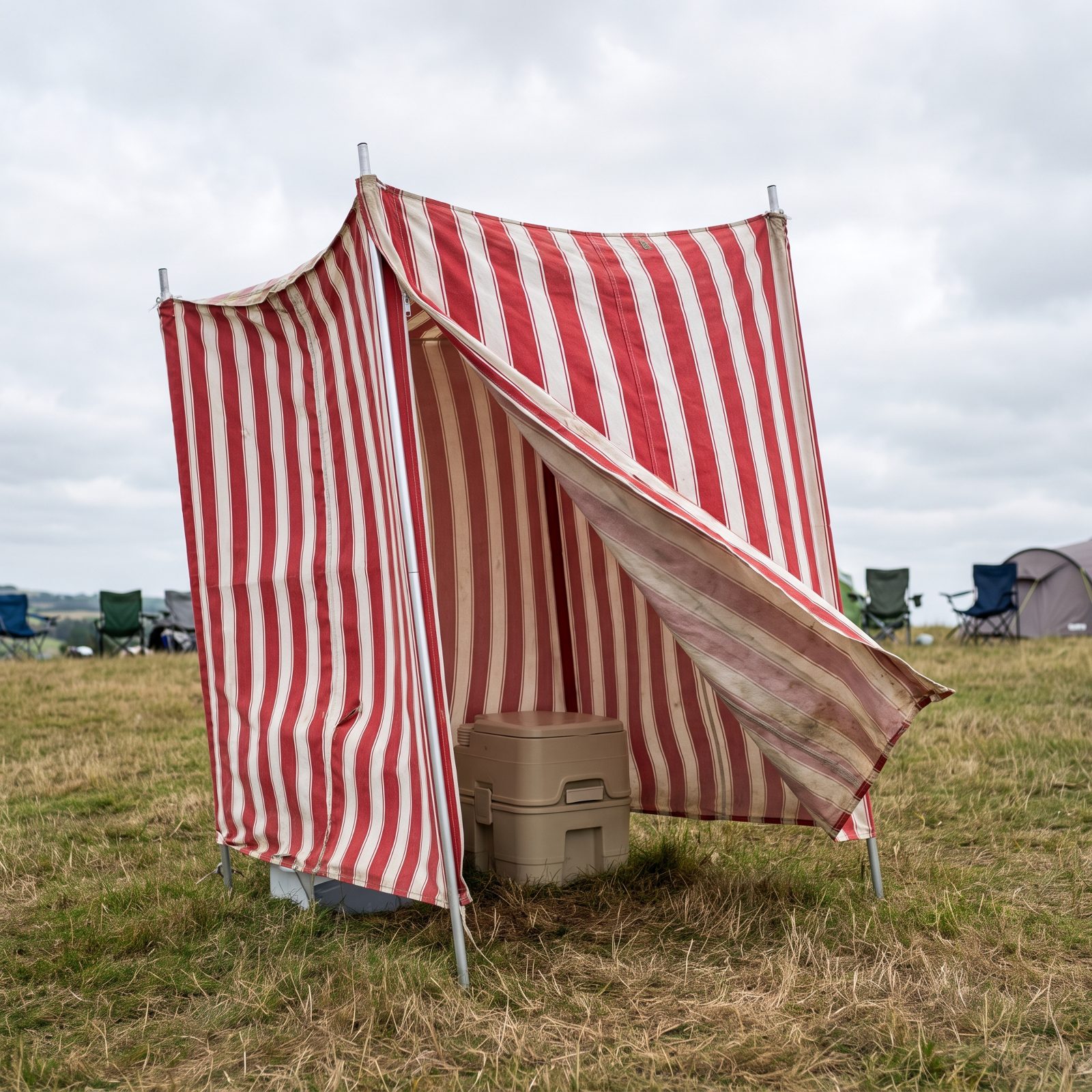 A Boxy Chemical Toilet with Its Own Striped Canvas Privacy Shelter