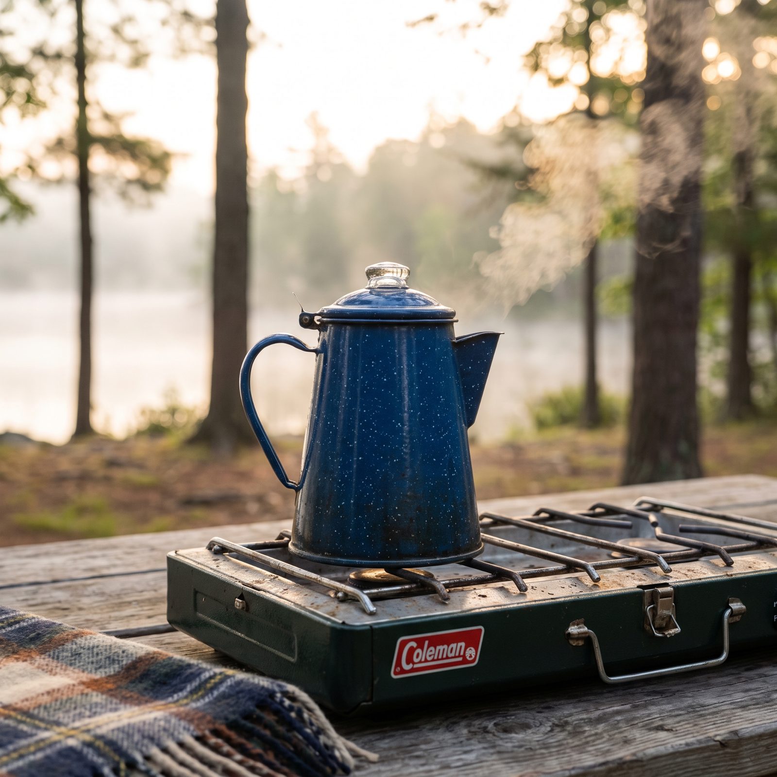 Brewing Coffee in a Blue-Speckled Enamel Percolator