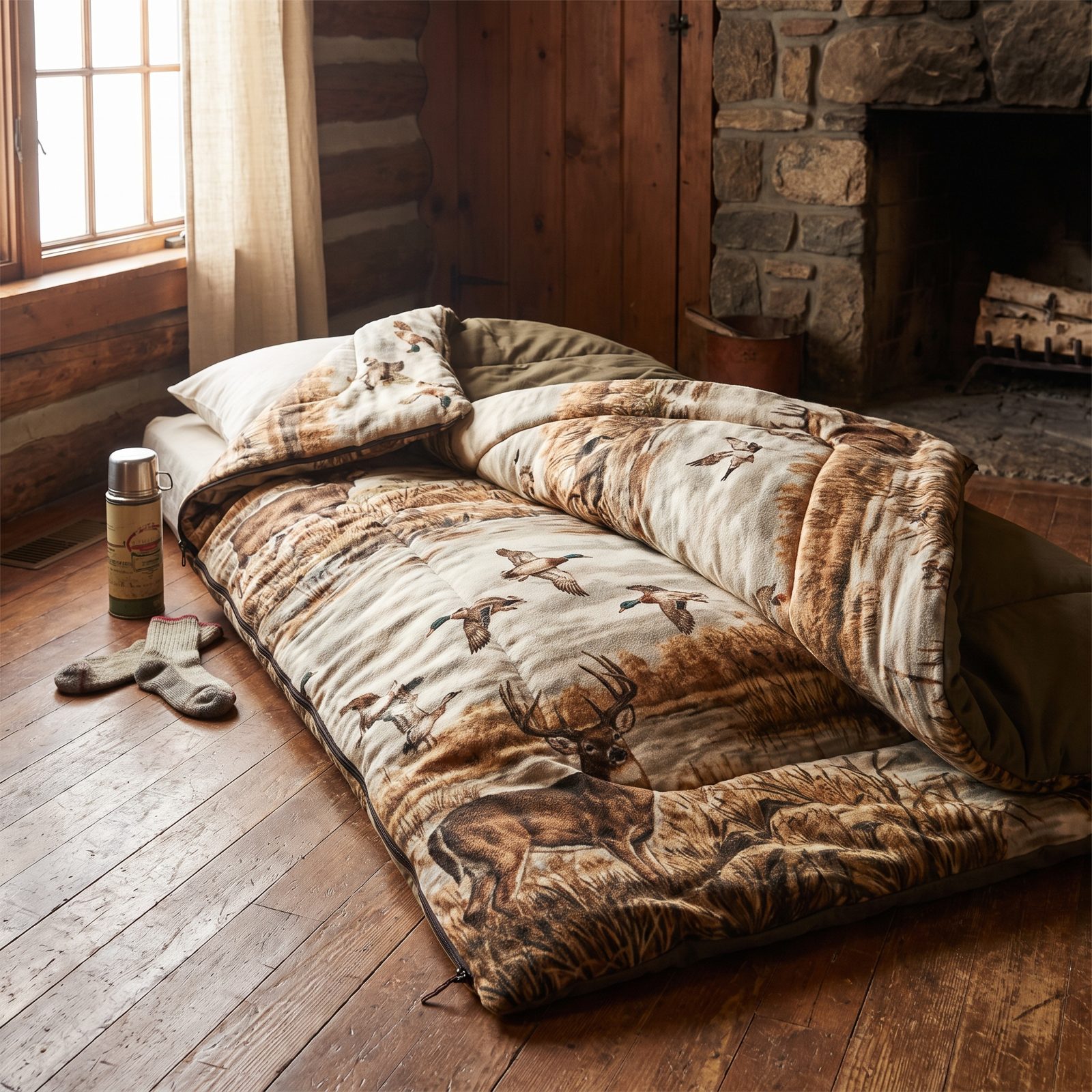 The Bulky Flannel-Lined Sleeping Bag With the Printed Hunting Scene Inside
