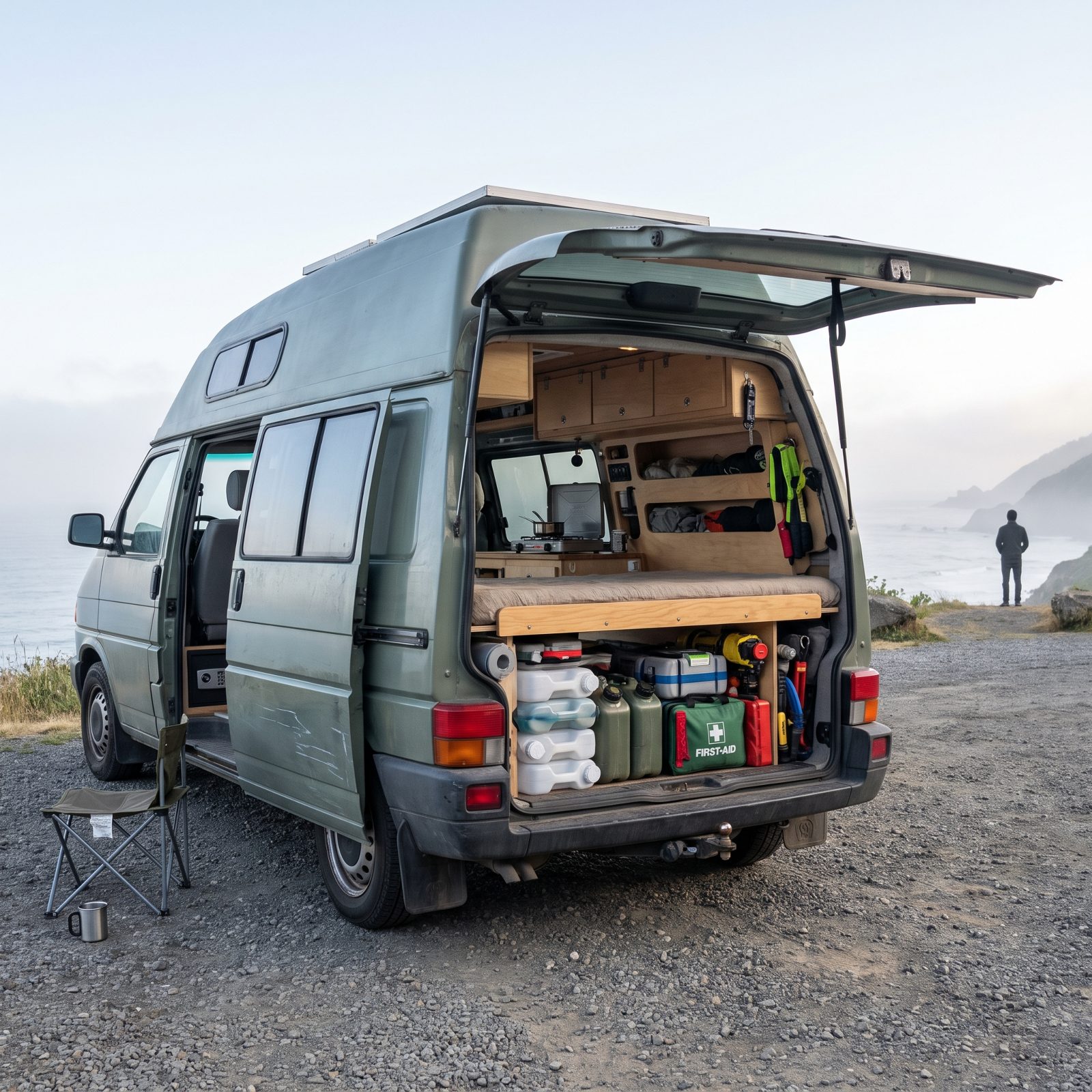 Compact camper van with rear doors open at a gravel overlook, showing a bed platform and small galley inside.