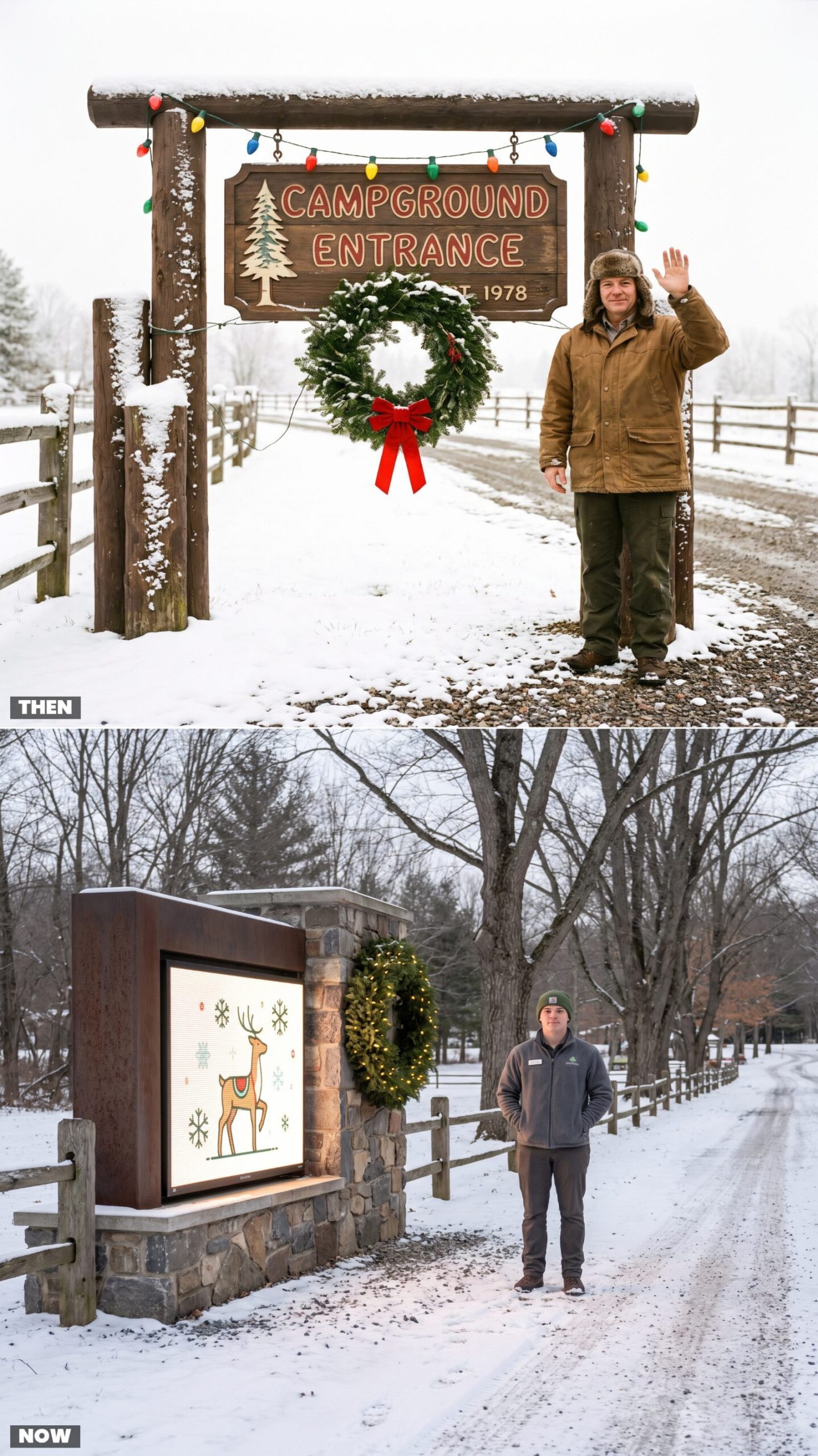 Campground Entrances: Hand-Painted Holiday Signs vs. Digital Welcome Boards