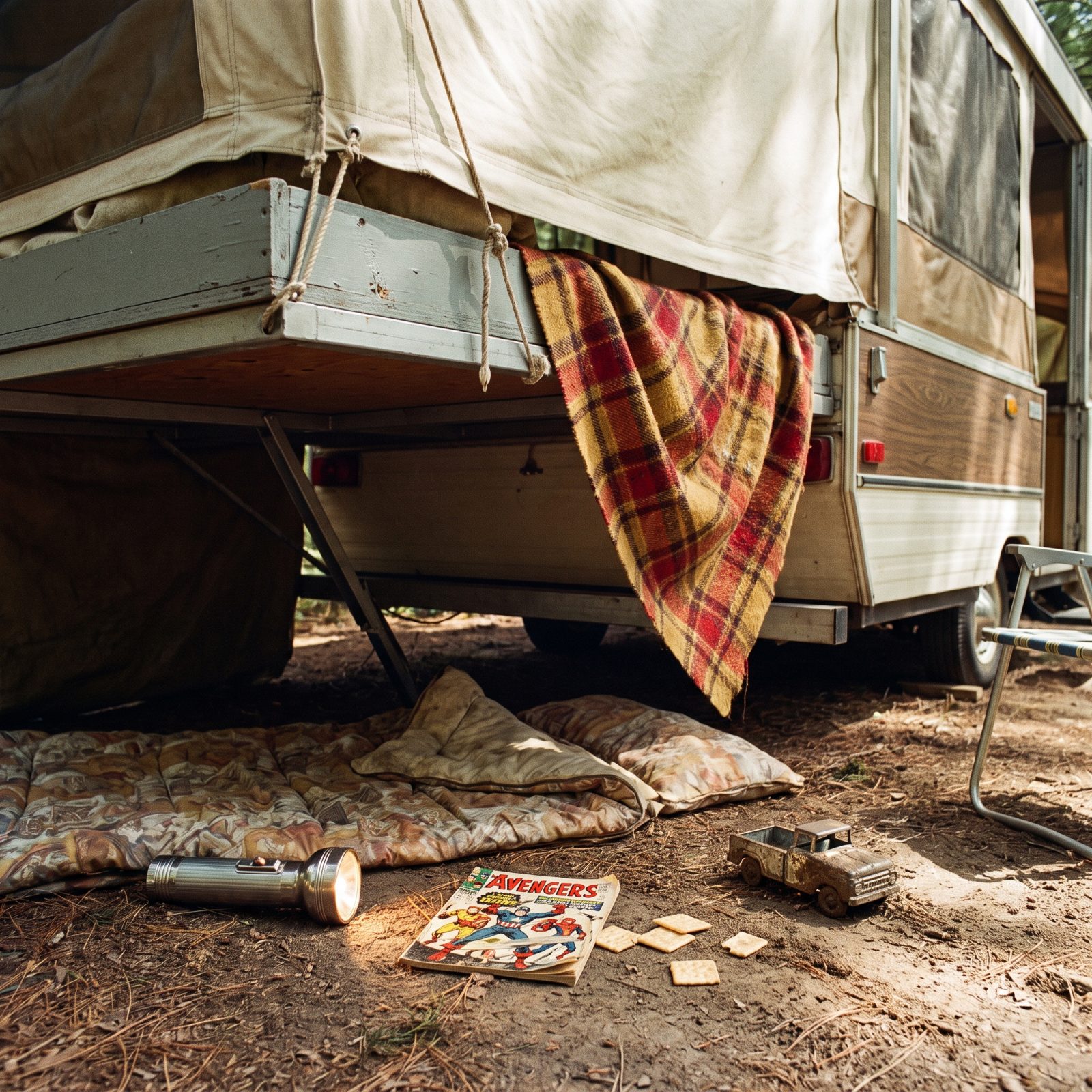 A Campsite Fort Built Beneath the Extended Bunk