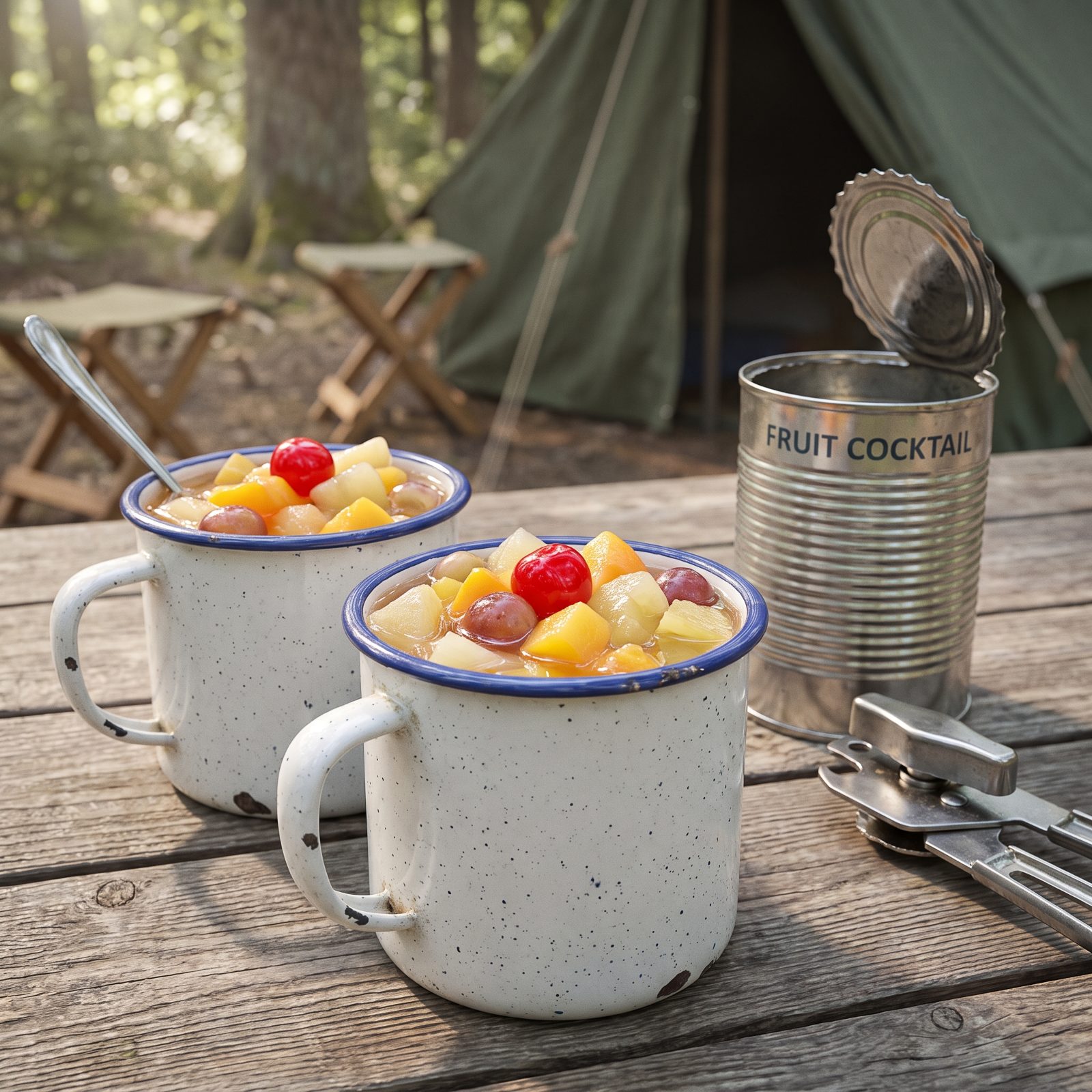 Canned Fruit Cocktail Spooned Into Dented Enamel Cups