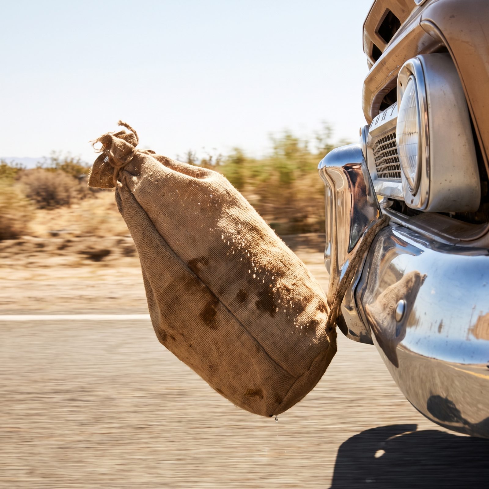 The Canvas Desert Water Bag Swinging From the Front Bumper
