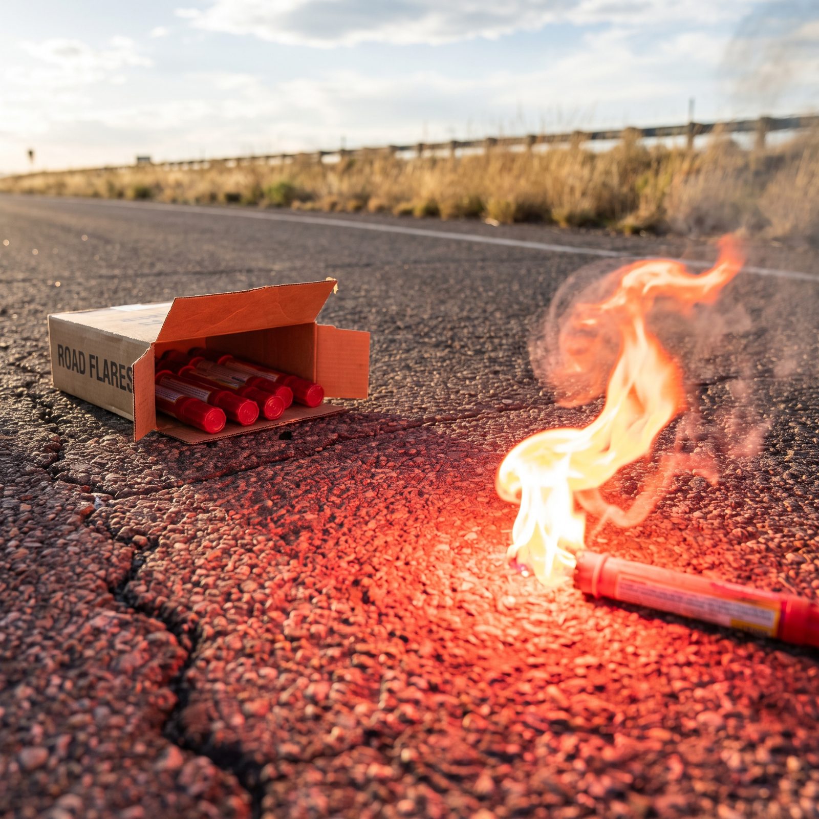 A Cardboard Box of Road Flares for Nighttime Breakdowns