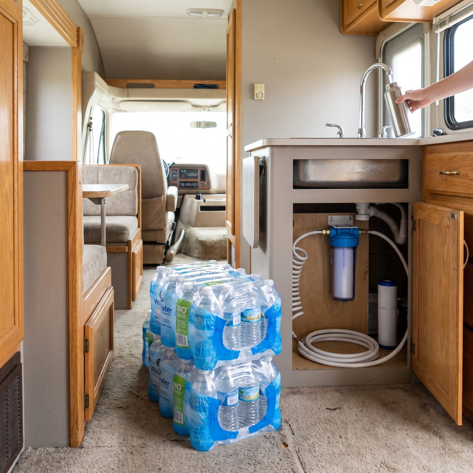 Cases of Bottled Water: Use the Freshwater System and a Filter
