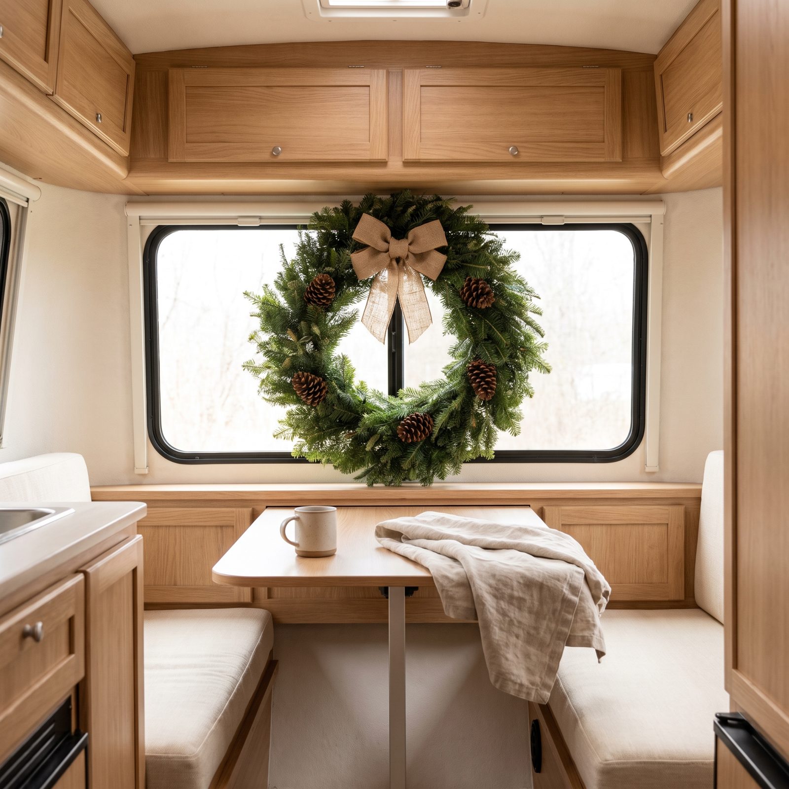 A Casita Trailer With a Single Statement Wreath on the Back Window