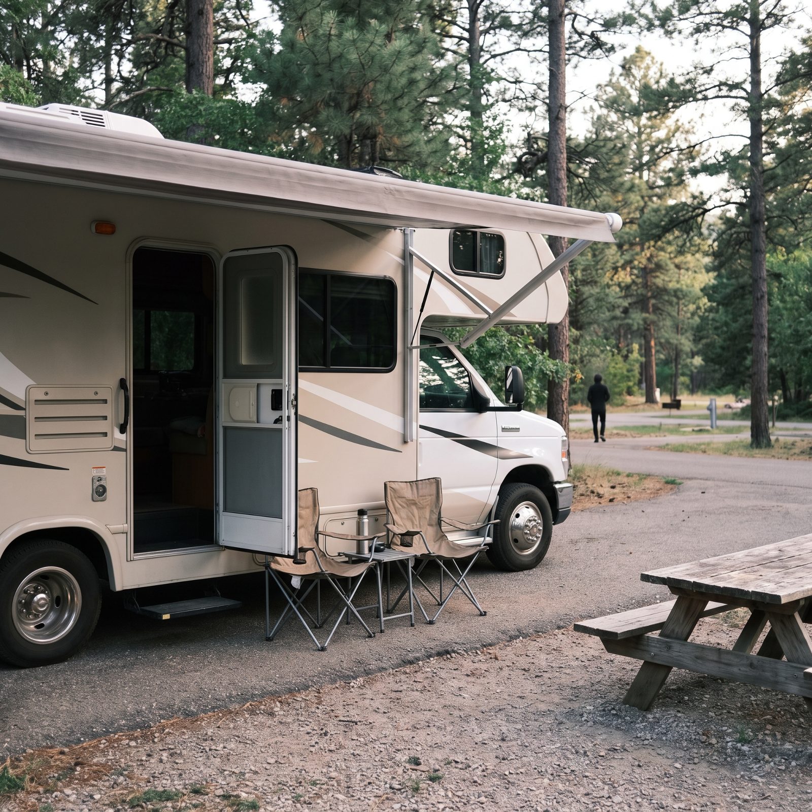 Class C motorhome with an over-cab bunk parked at a campsite, awning out over two camp chairs.