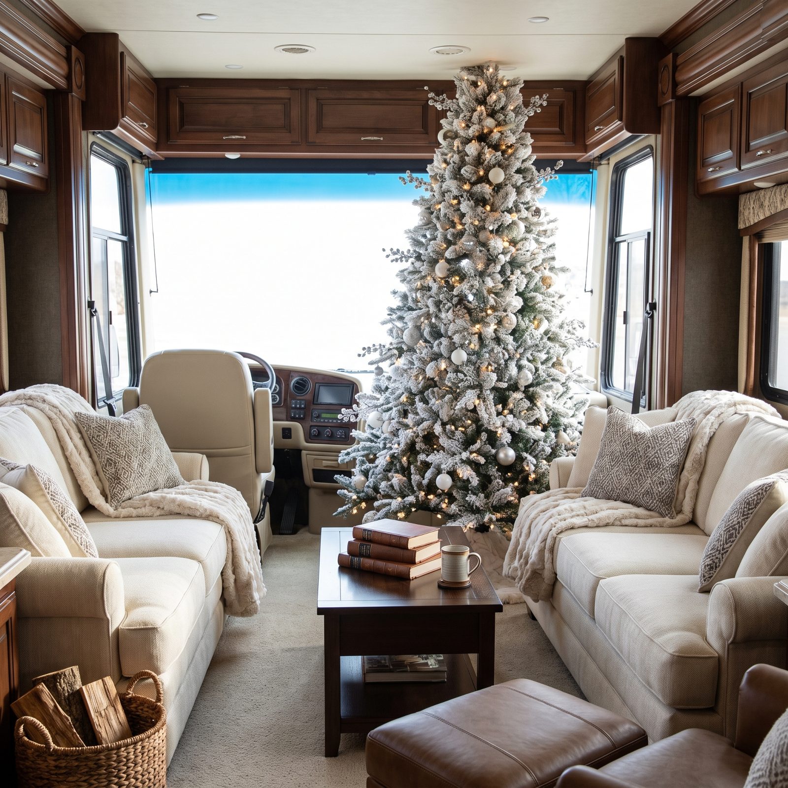 A Class A Motorhome Living Room With a Full-Size Flocked Tree by the Windshield