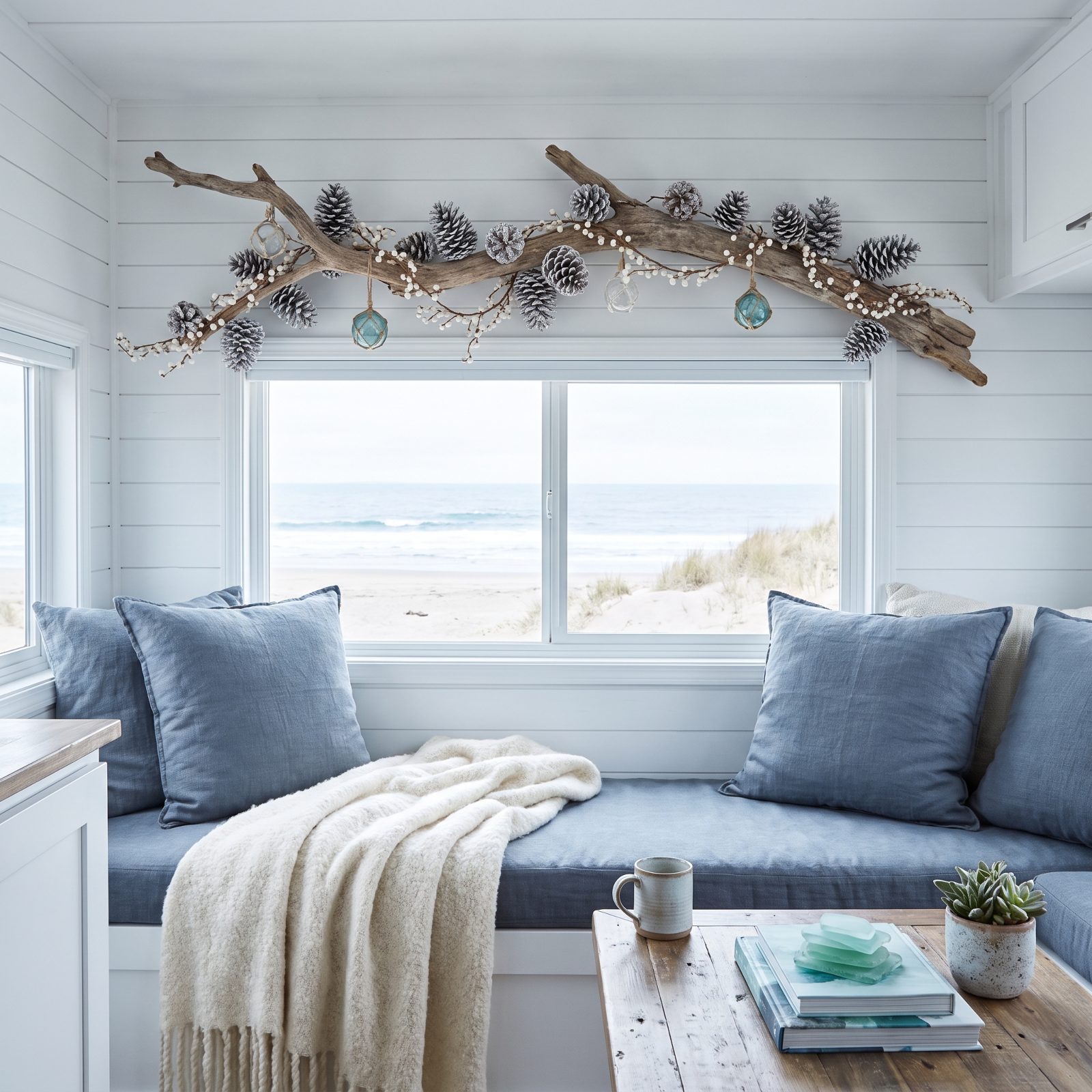 A Coastal RV in Blue, White and Driftwood Christmas Decor