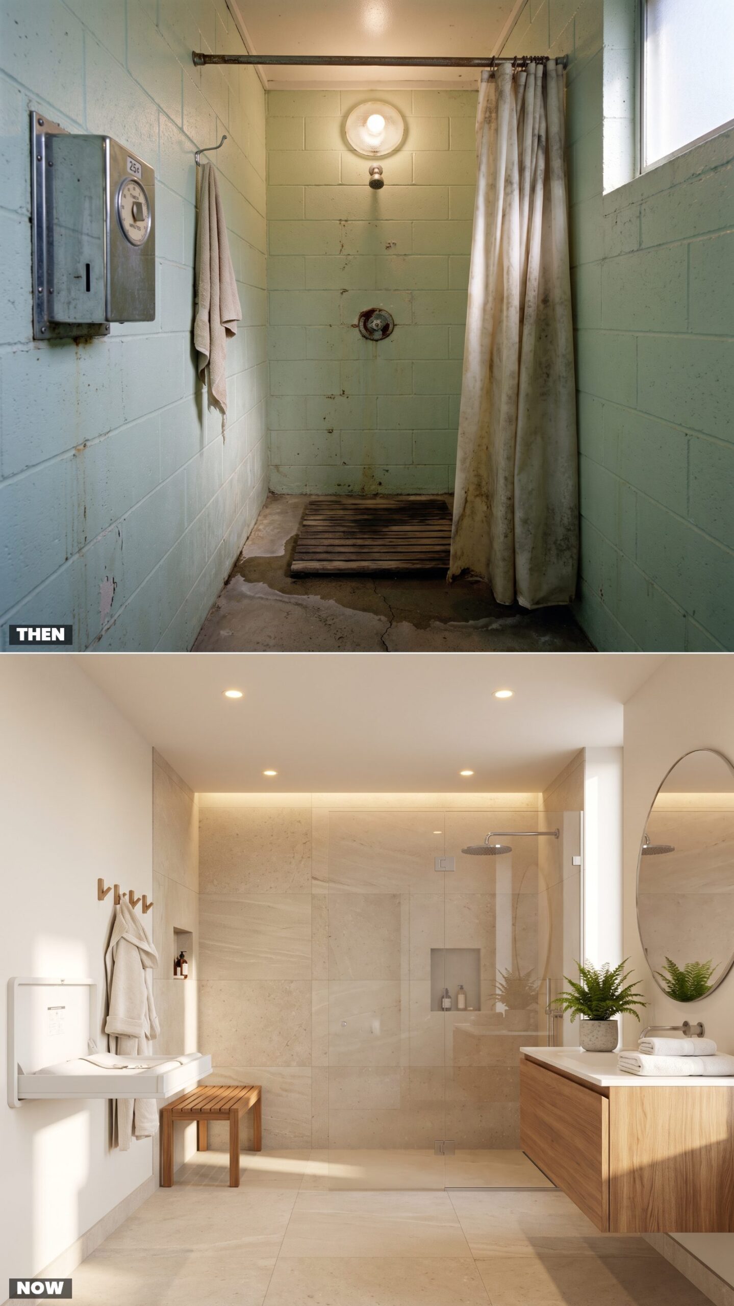 The Coin-Operated Shower Stall vs. Today's Private Family Shower Suite