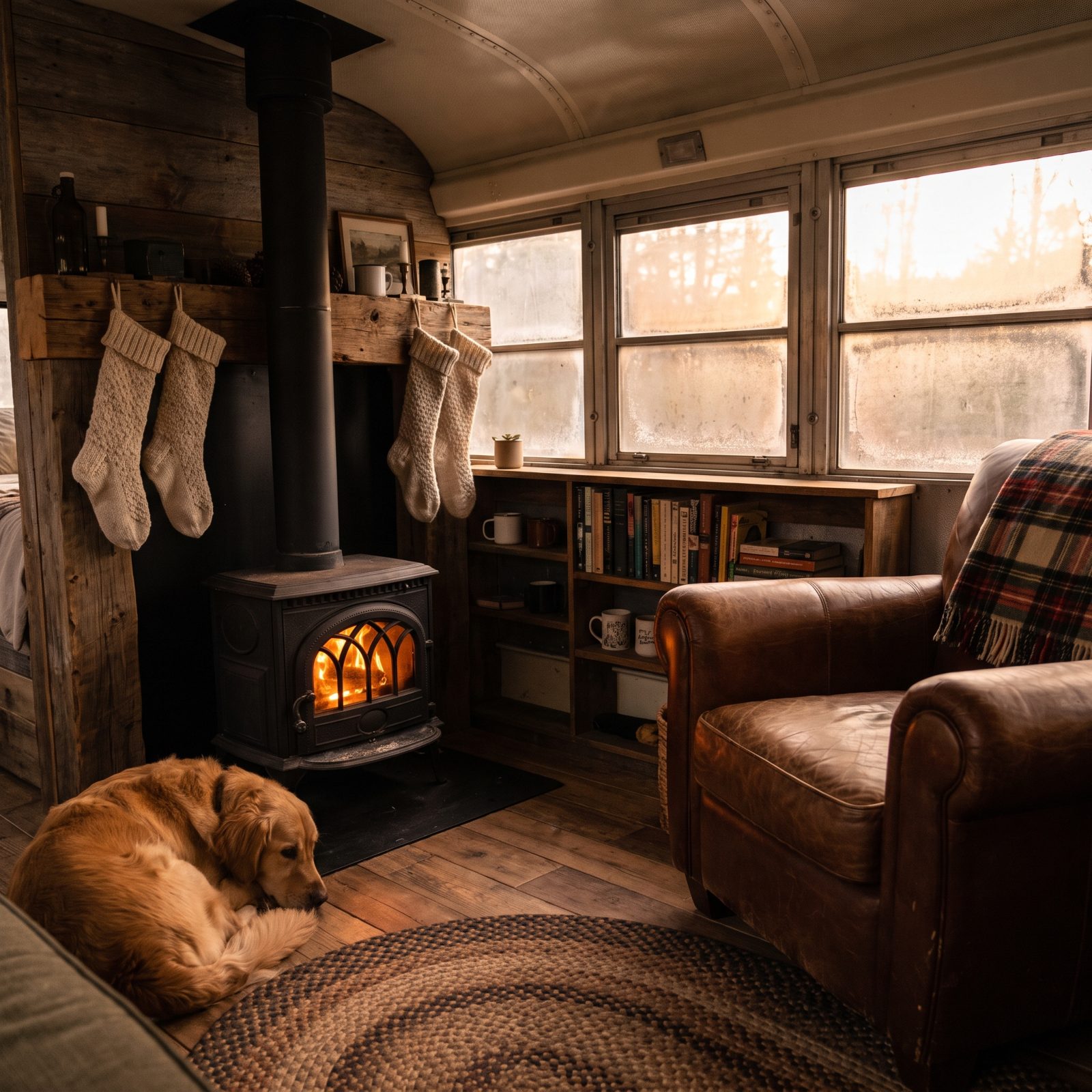 A Converted School Bus With a Wood Stove and Stockings on the Mantel