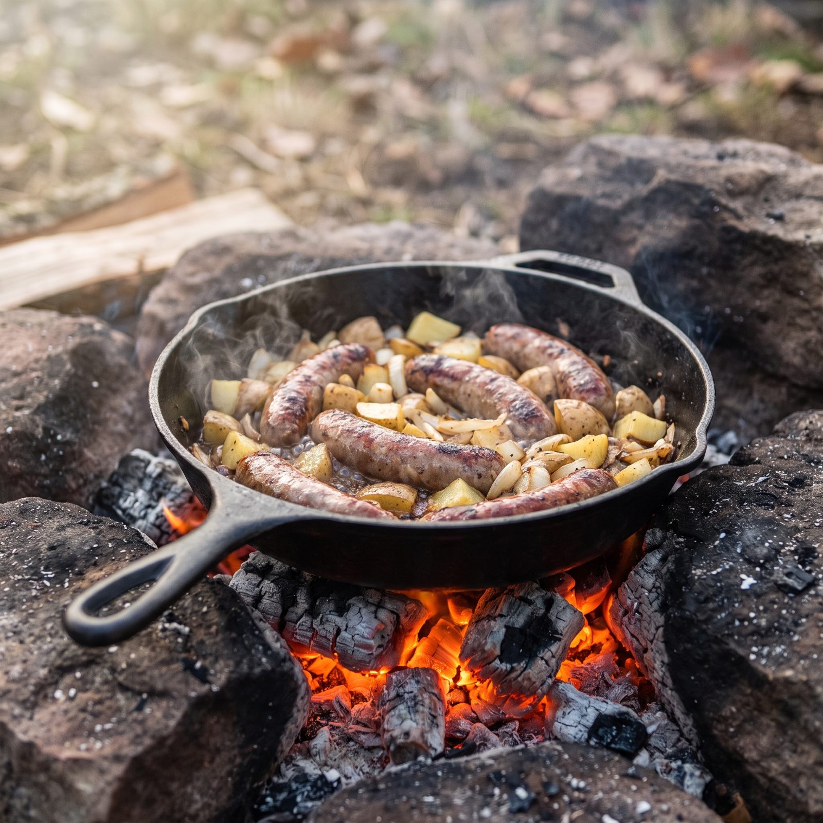 Cooking Supper in Cast-Iron Pans Over Coals