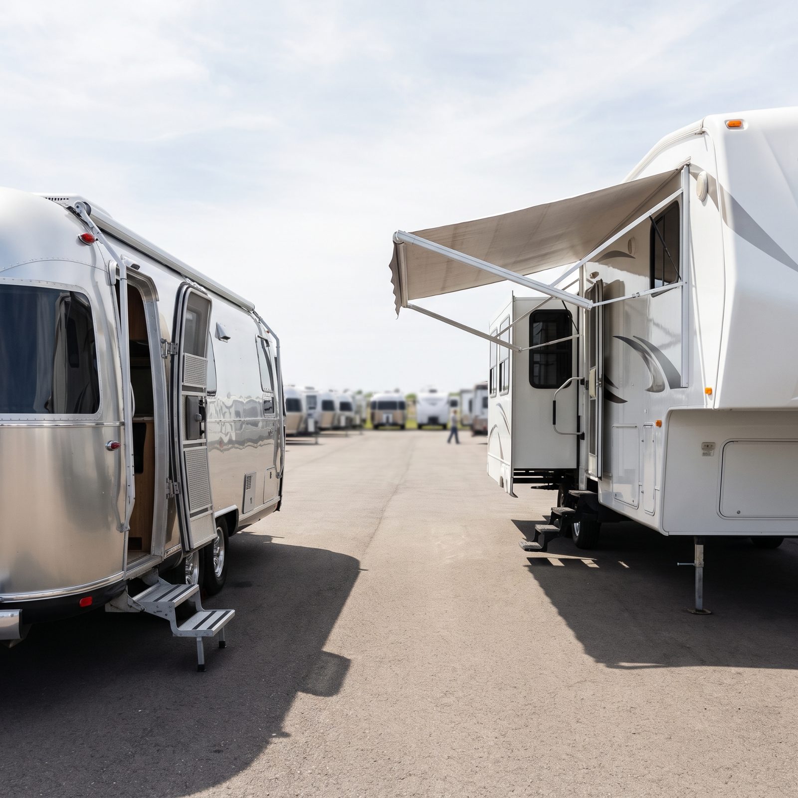 RV dealership lot with an aluminum Airstream trailer on the left and a white fifth-wheel trailer on the right, both with