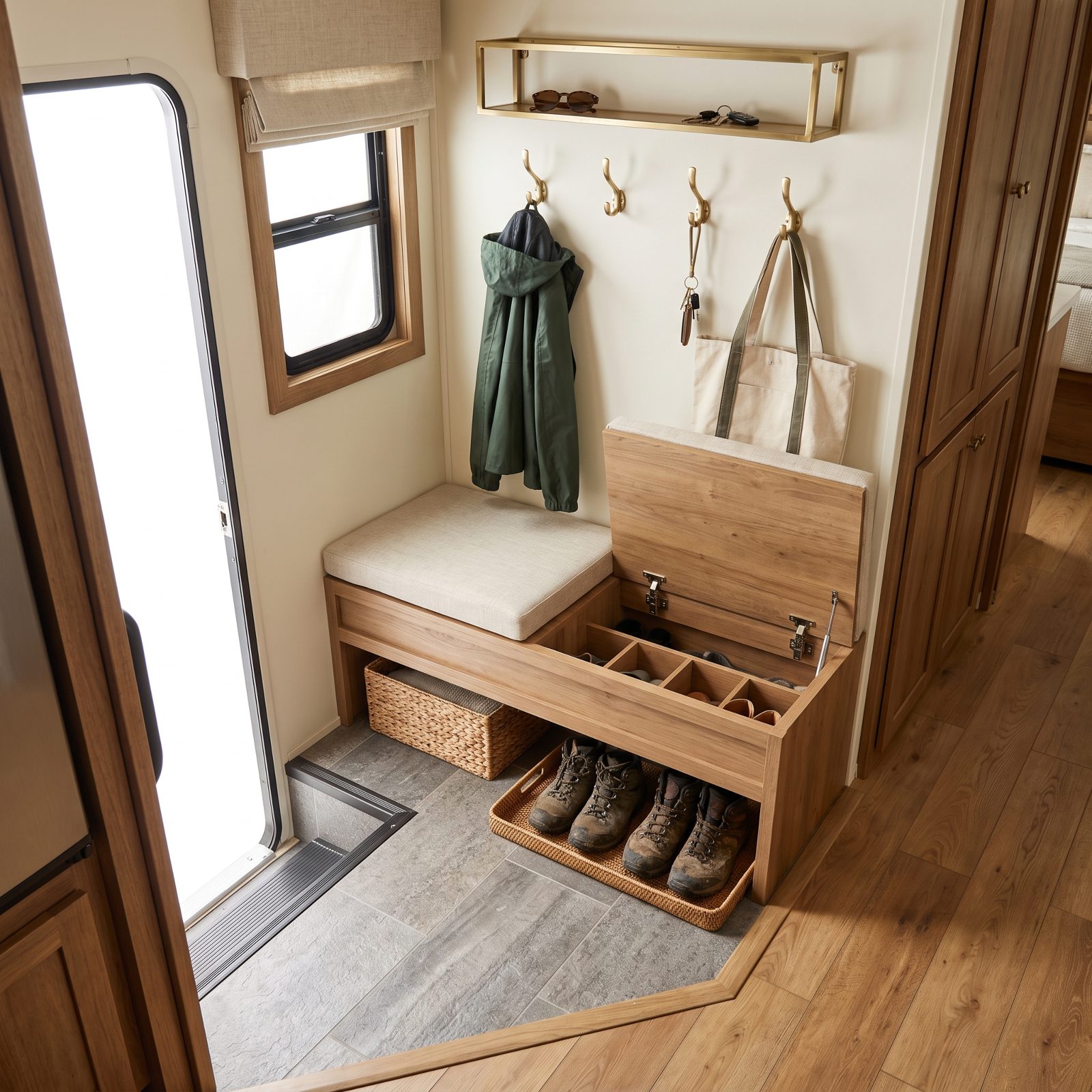 An Entryway Mudroom With Shoe Storage and Coat Hooks