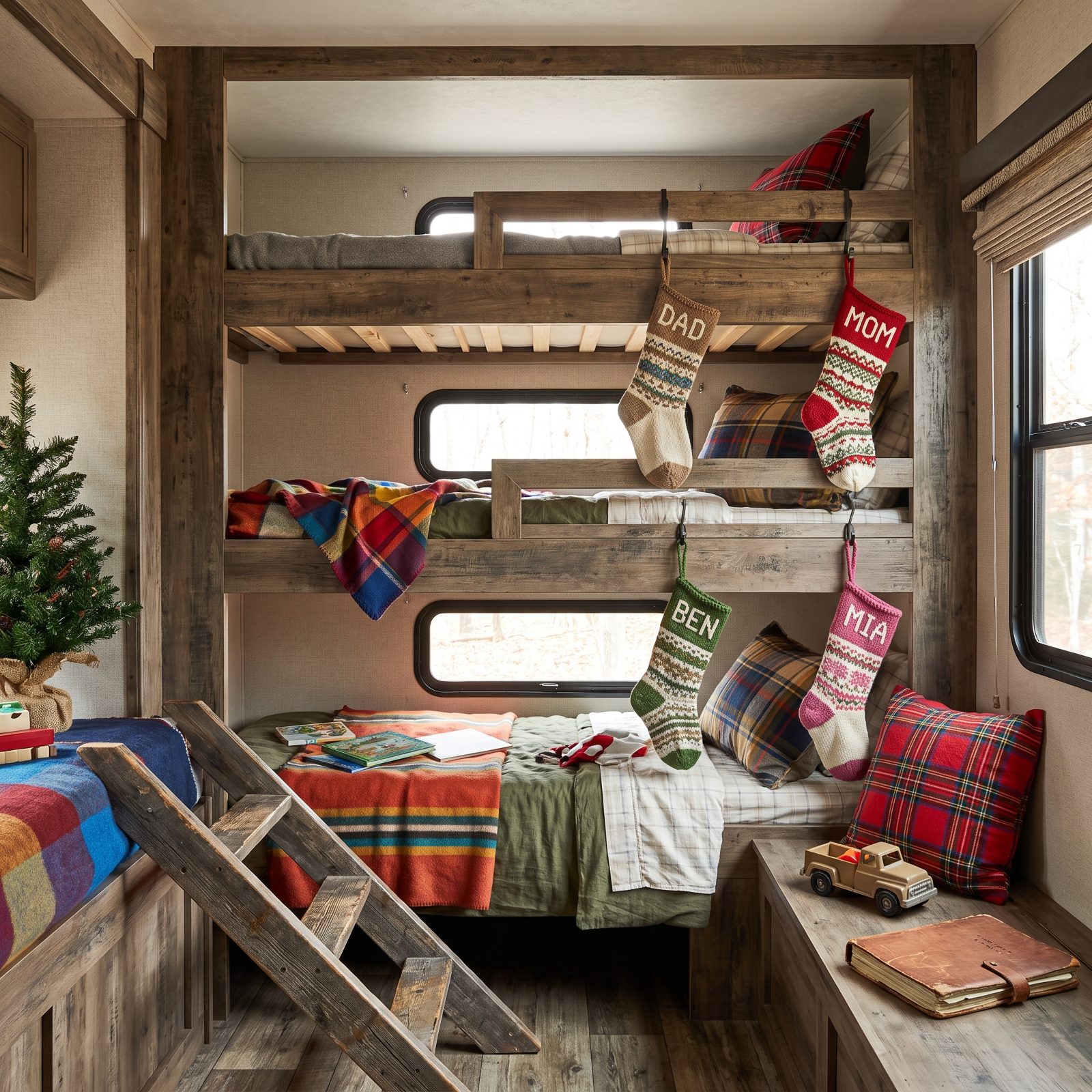 A Family Bunkhouse With a Stocking Hung at Every Bunk