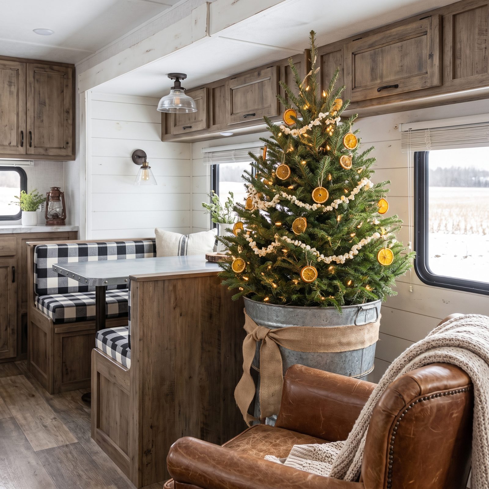 A Farmhouse Fifth Wheel With a Galvanized-Bucket Tree and Burlap Ribbon