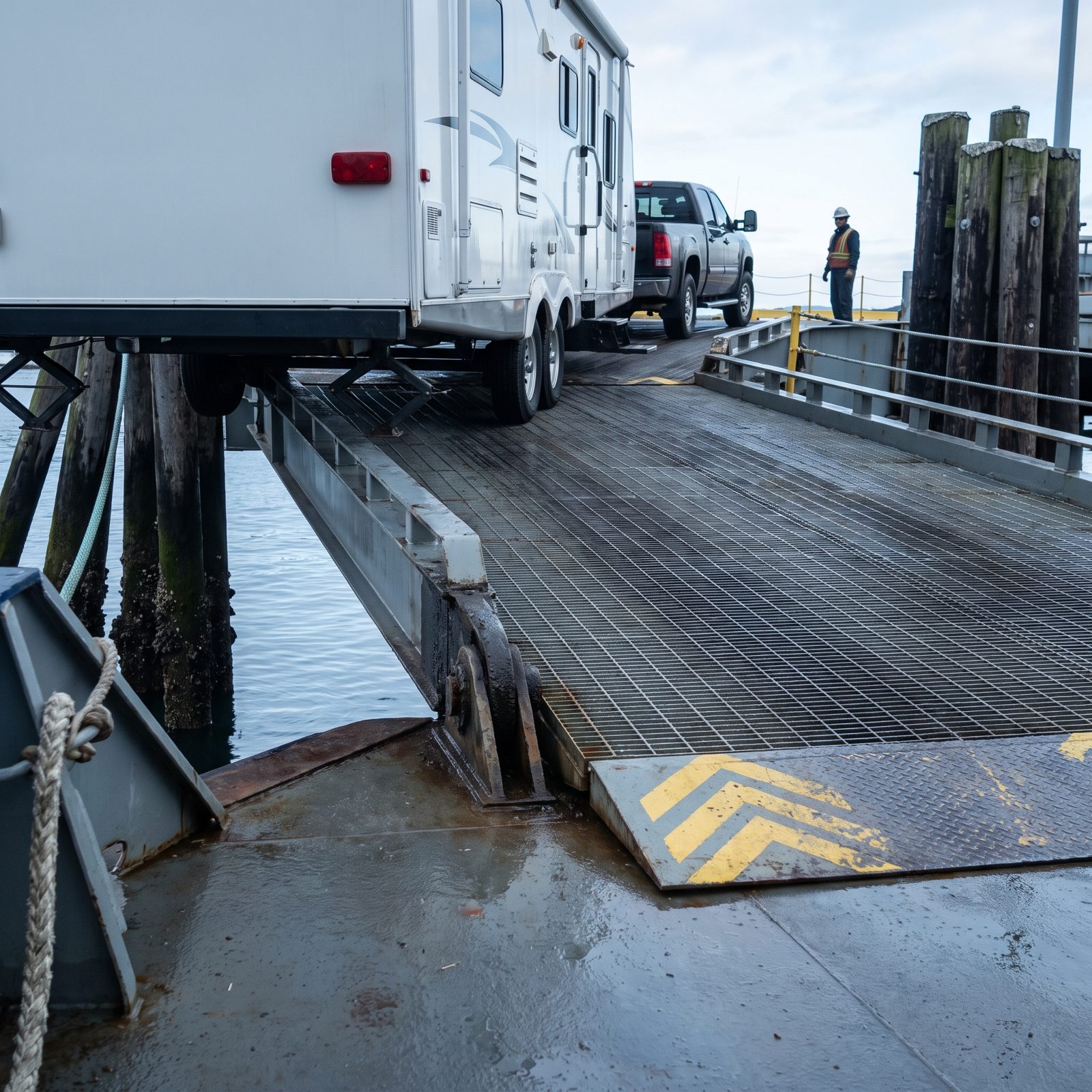 Ferry Ramp Hinge Points Where the Tide Changes the Angle