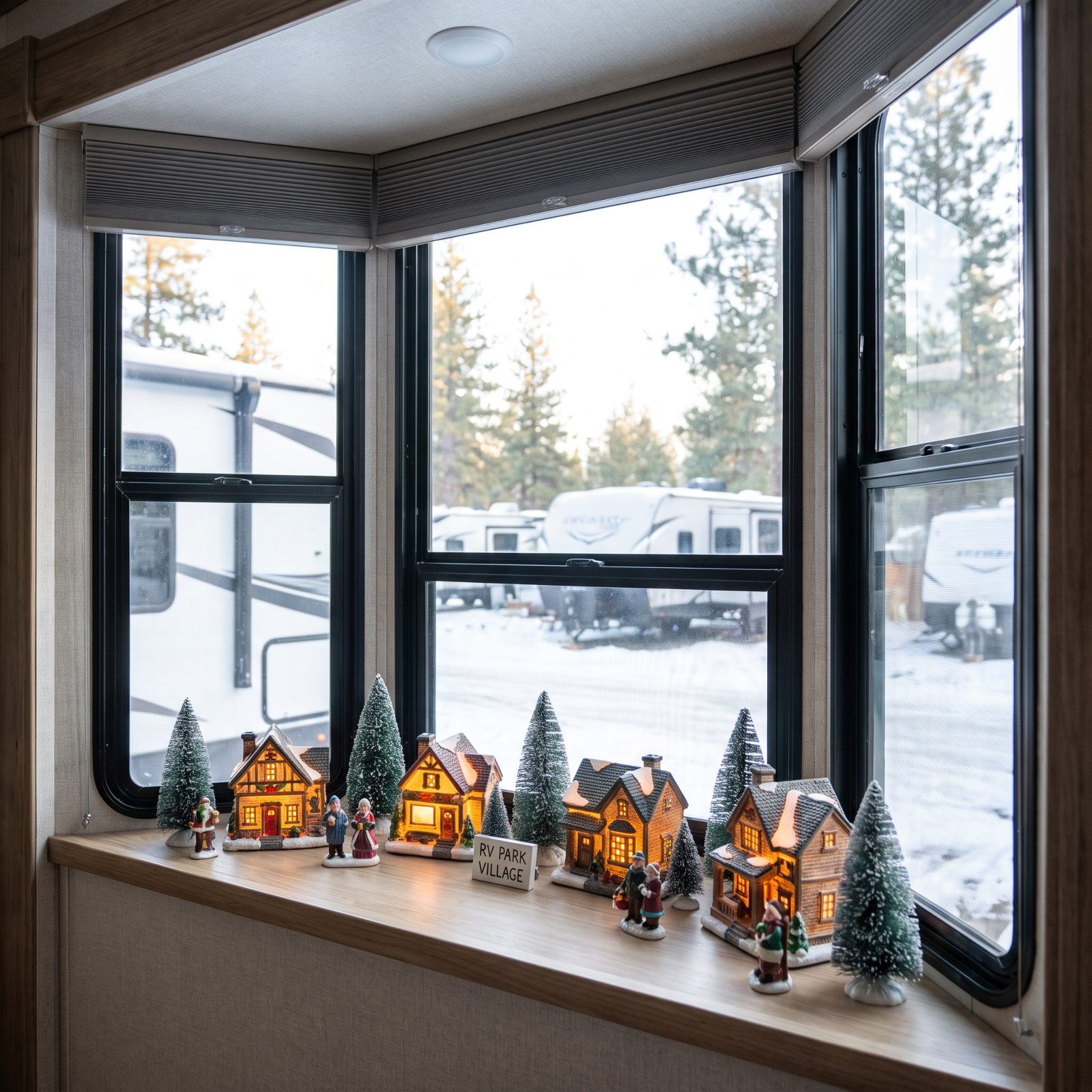 A Fifth Wheel With a Bay Window Turned Into a Christmas Village Display