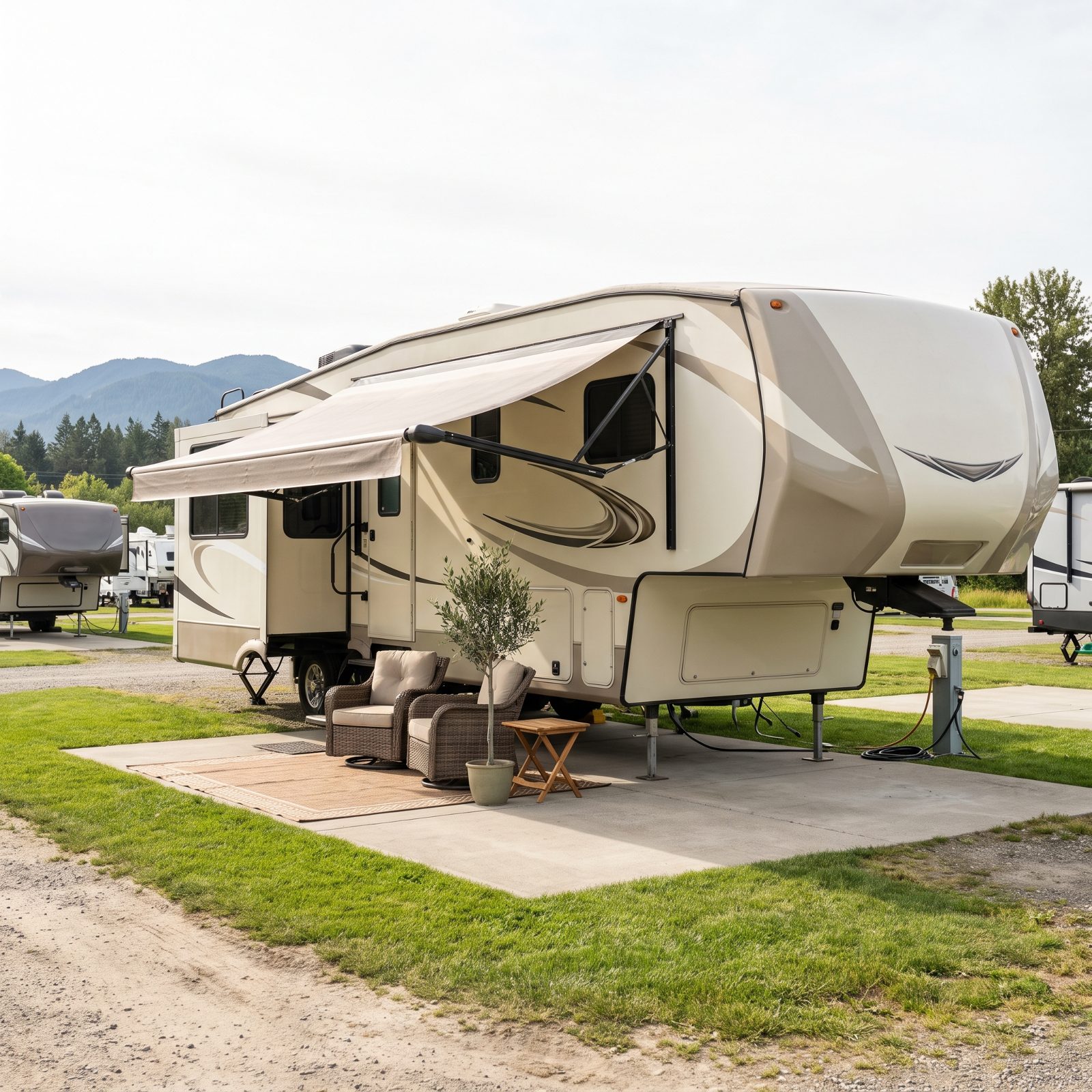 Fifth-wheel trailer with a raised forward section parked and unhitched at a long-stay RV site with a patio set up.