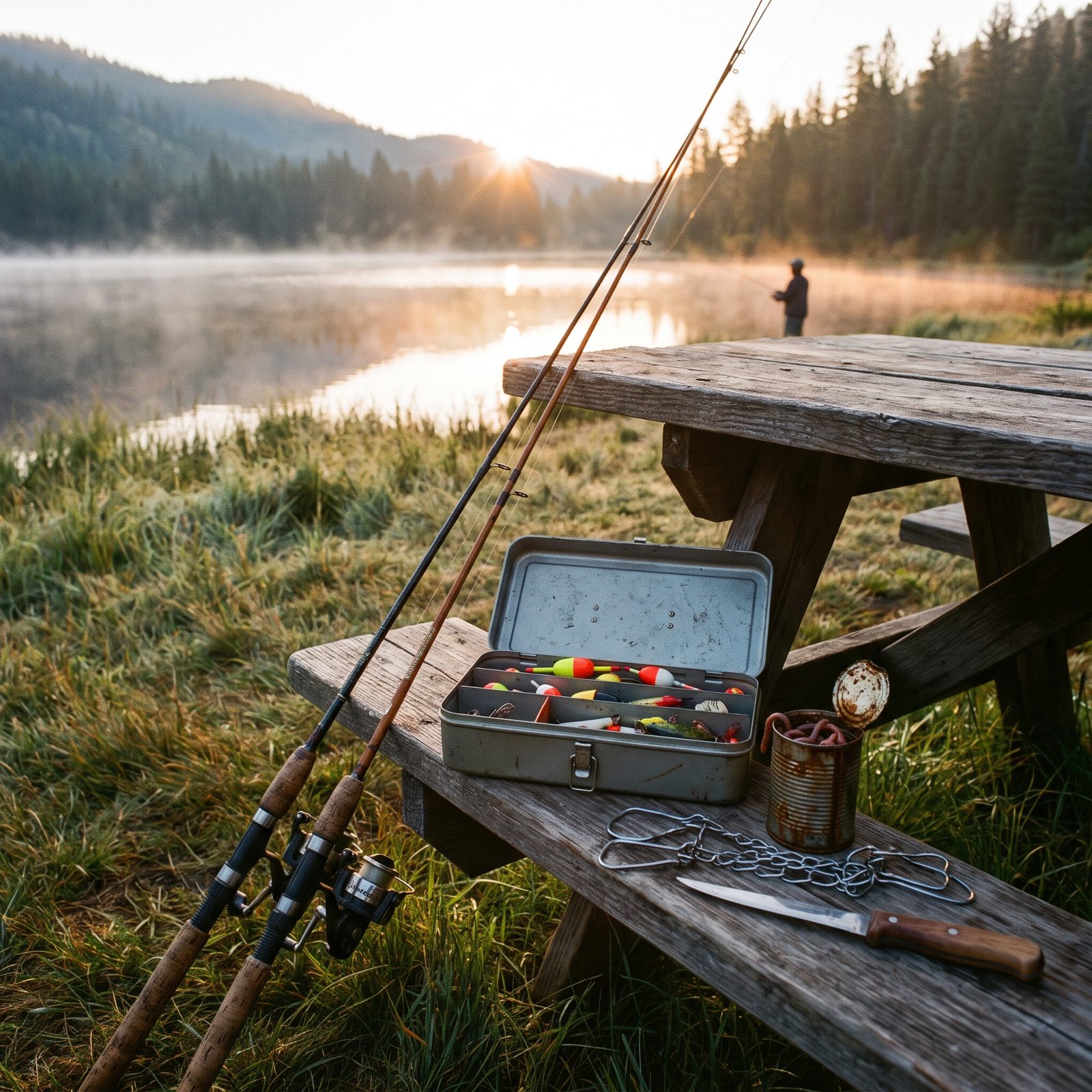 Fishing Poles Propped Against the Picnic Table