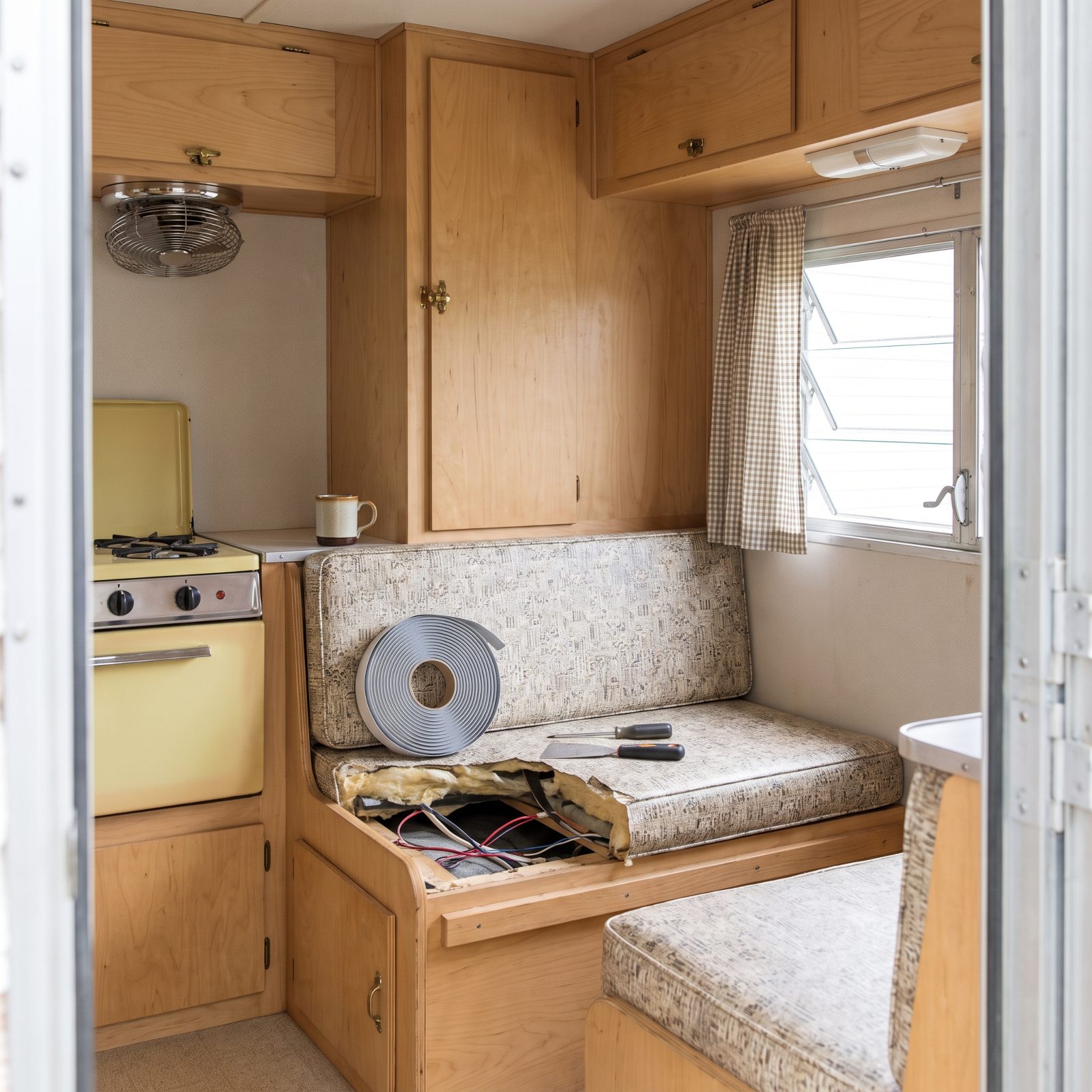 Interior of a restored 1960s canned-ham trailer with birch cabinets, a dinette with a panel removed, and repair tools