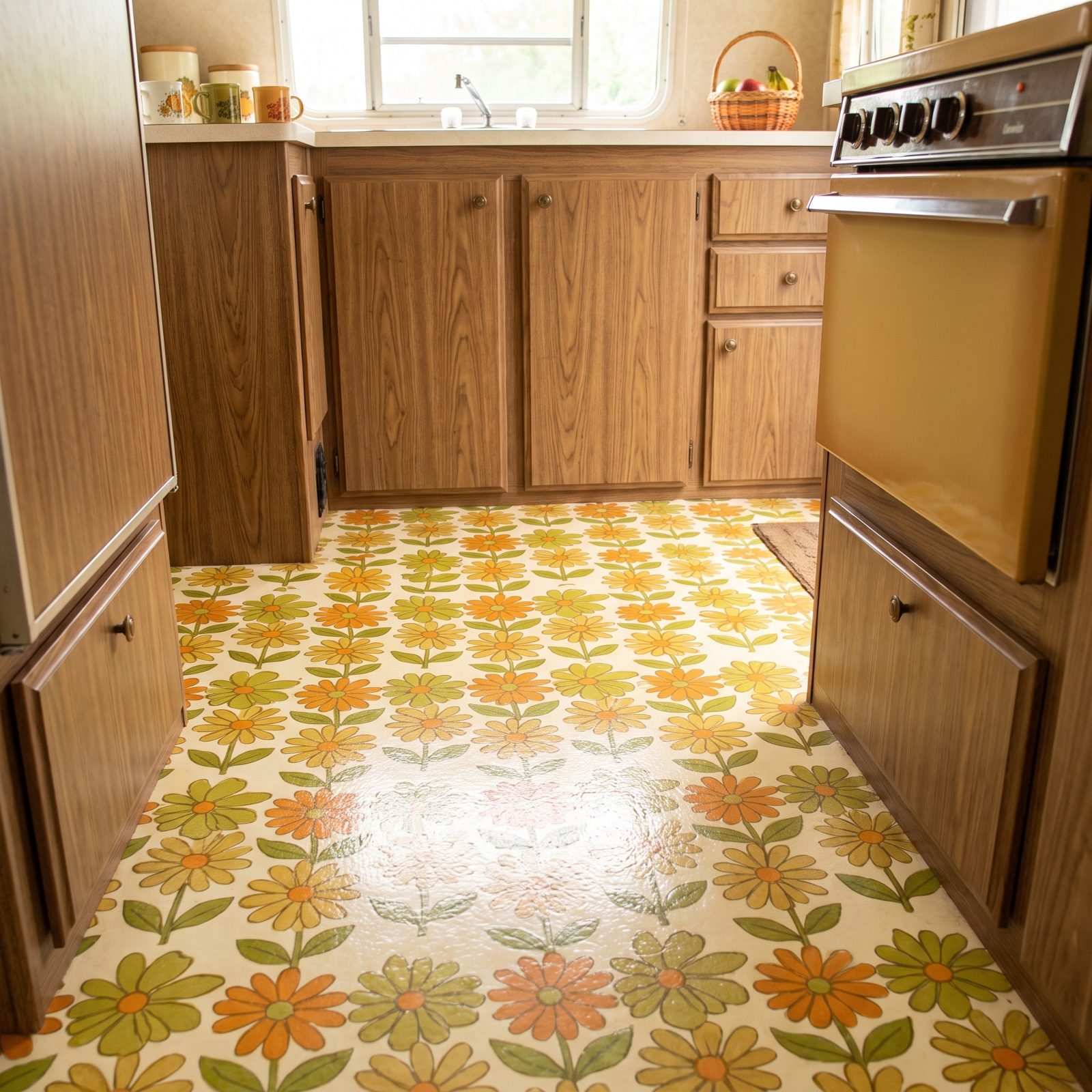Floral Vinyl Flooring in the Galley