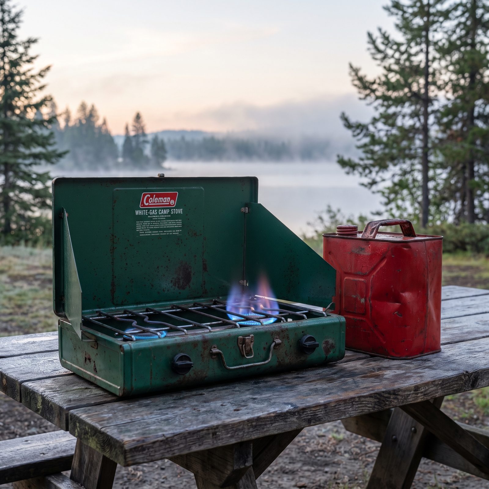 The Green Coleman White-Gas Stove and Its Red Metal Fuel Can