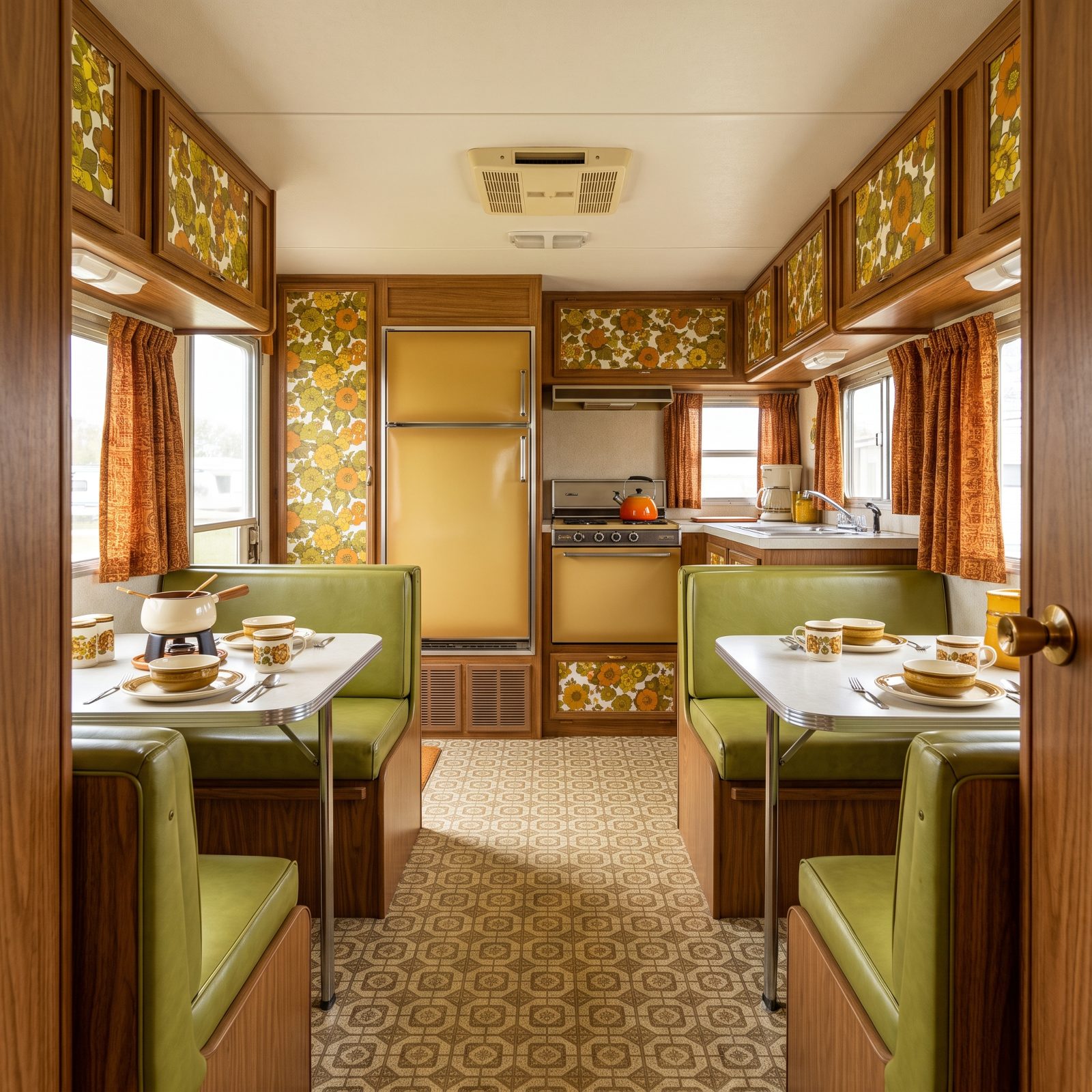 Harvest-Gold Appliances, Avocado Upholstery, and Orange-Brown Curtains