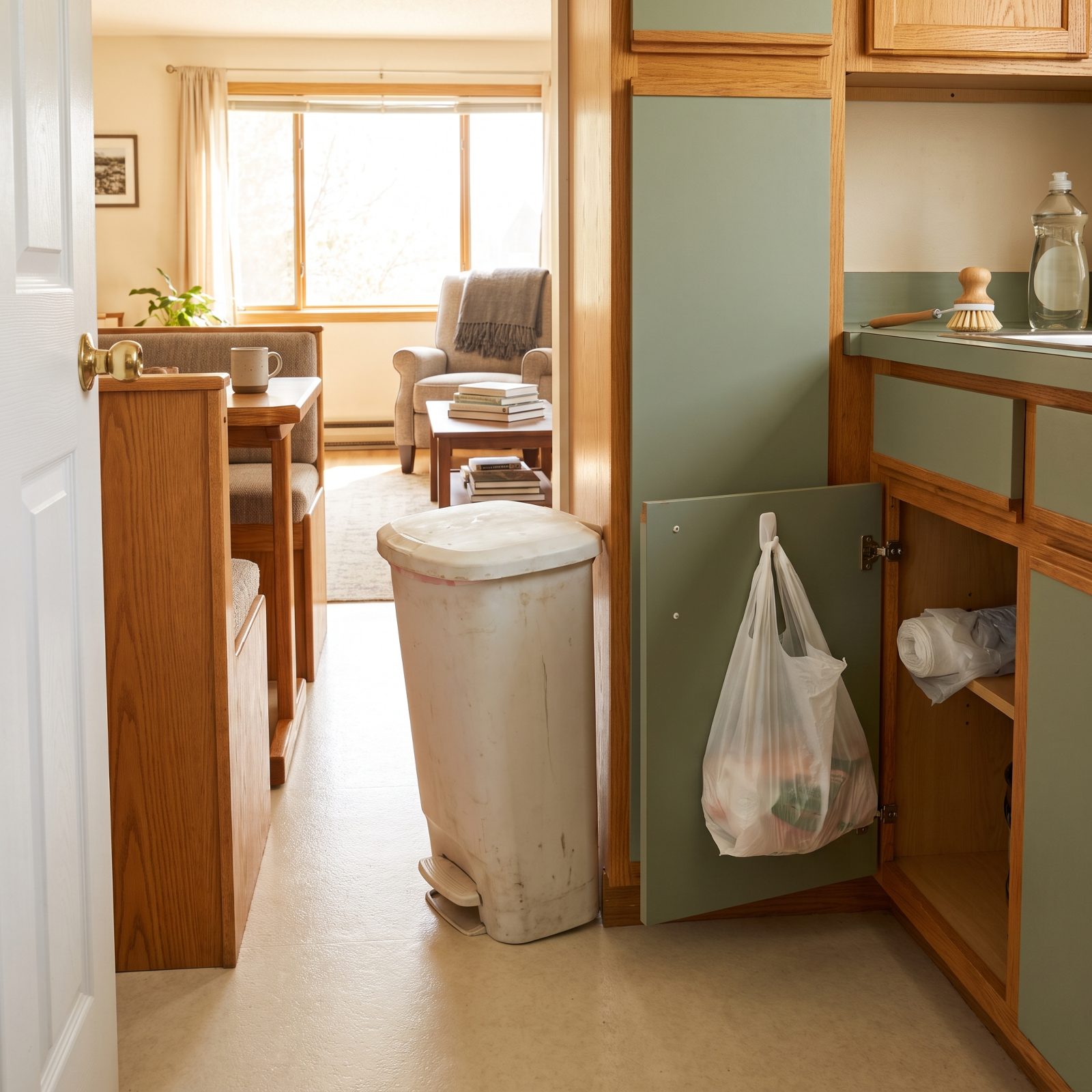 A Household Trash Can: Hang a Bag Inside a Cabinet Door
