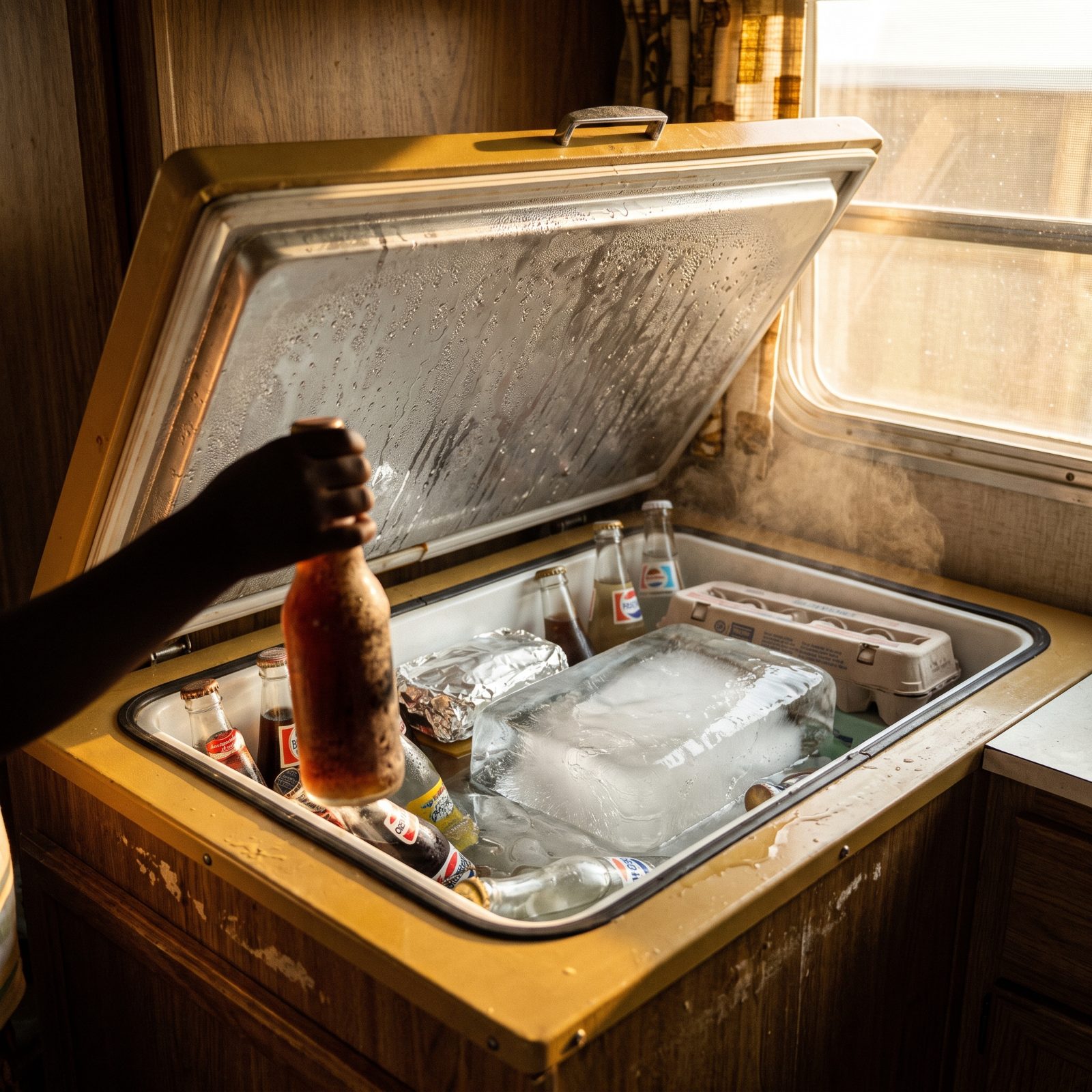 An Icebox Packed With Block Ice