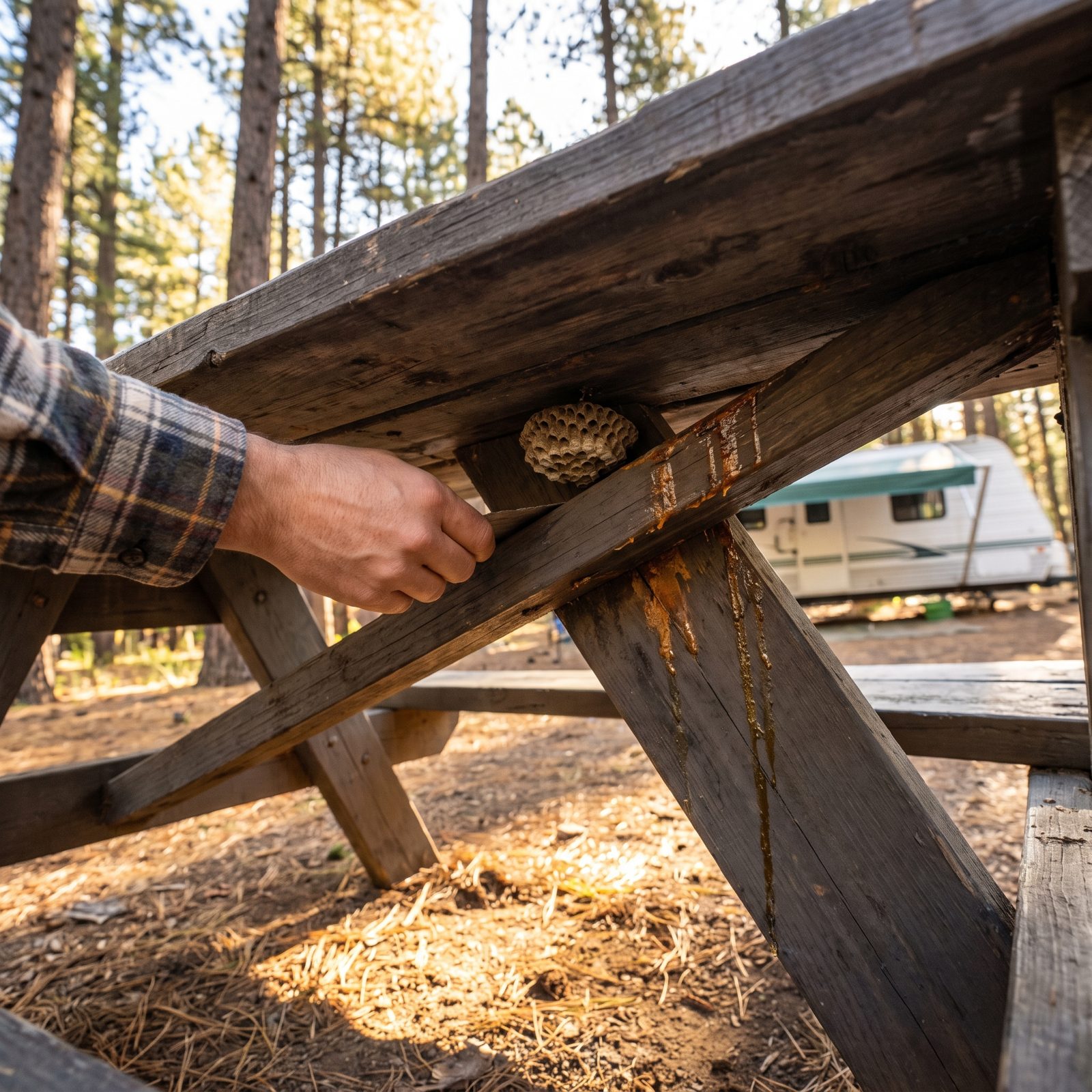 Inspect the Picnic Table's Underside for Nests and Sticky Sap