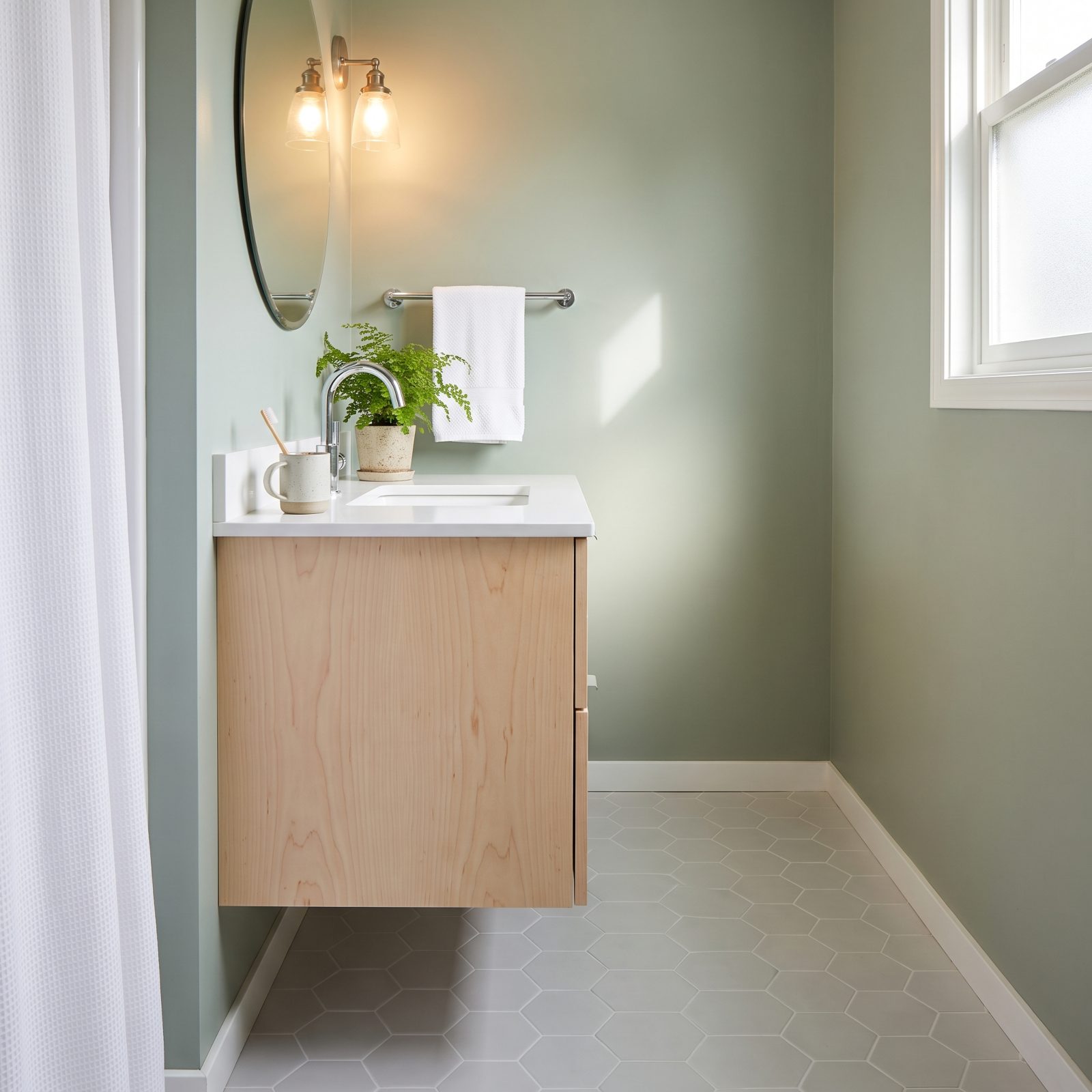 Install a floating bathroom vanity that exposes more flooring
