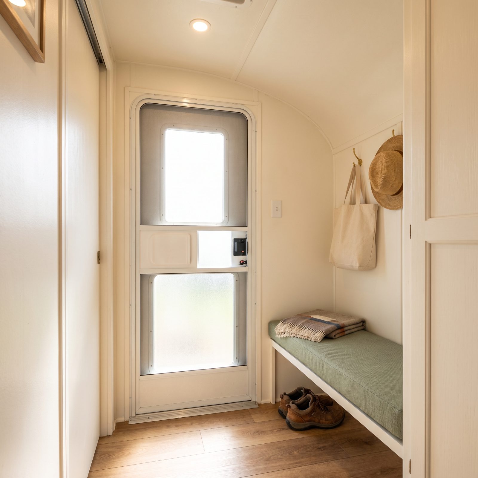 Install a glazed entry door to brighten the darkest end of the RV