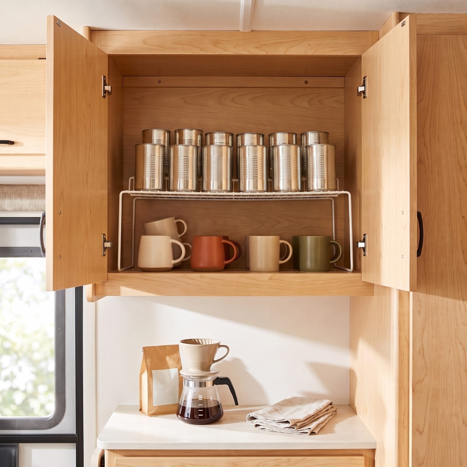 Install Tiered Shelf Risers for Cans and Mugs