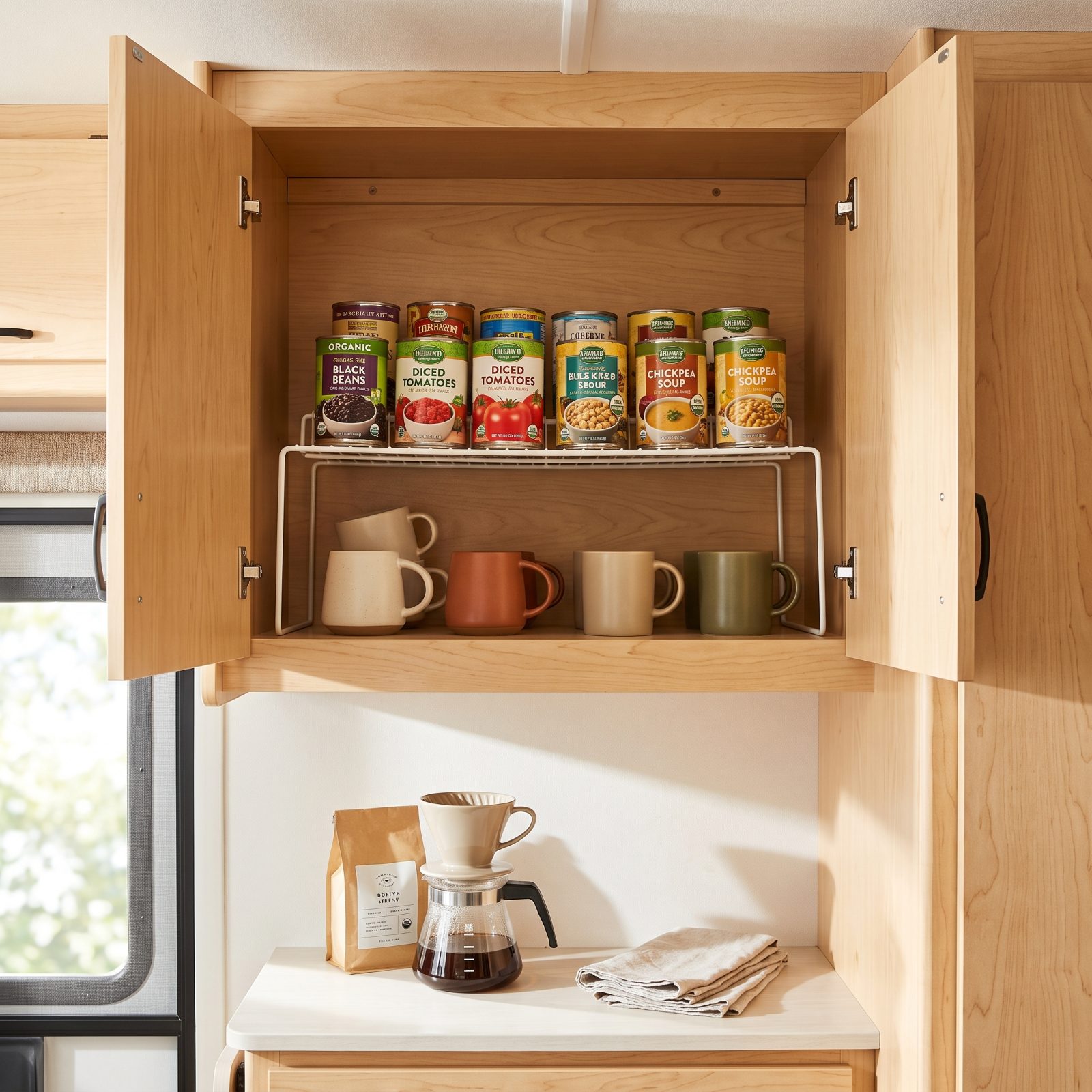 Install Tiered Shelf Risers for Cans and Mugs