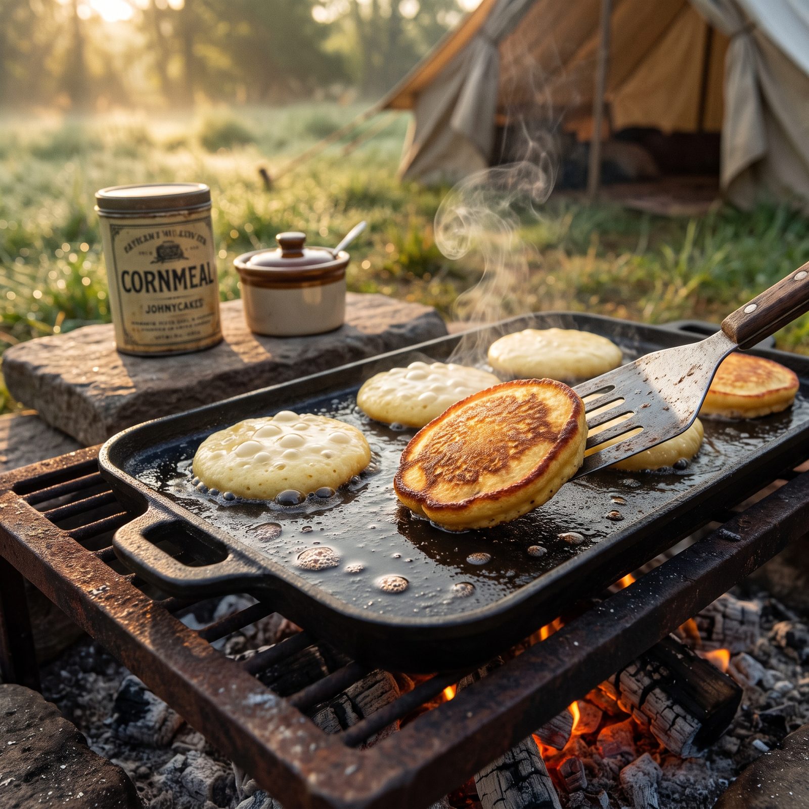 Johnnycakes Fried Crisp on a Cast-Iron Griddle