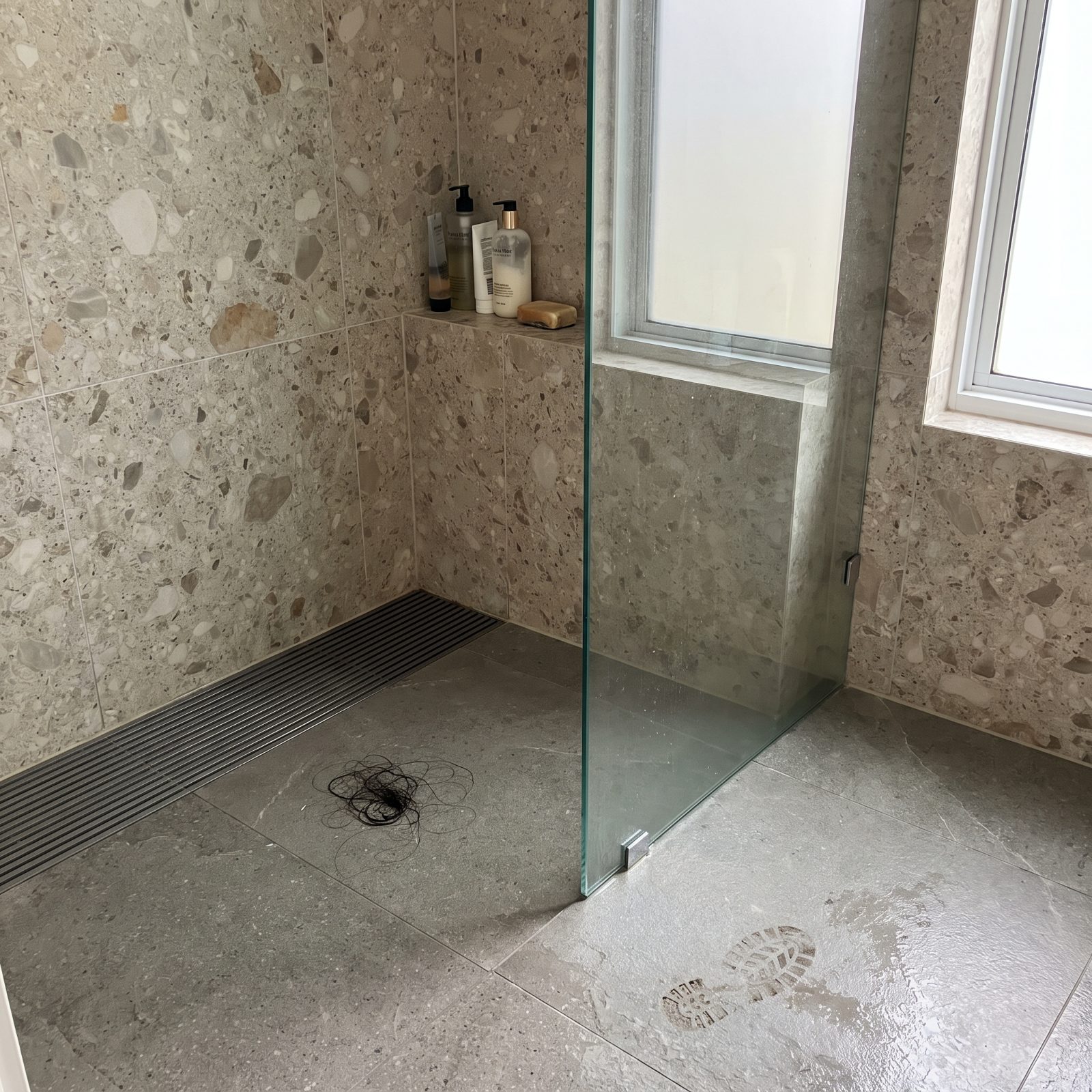 Leaving Mud, Hair, and Toiletries in a Shower Stall