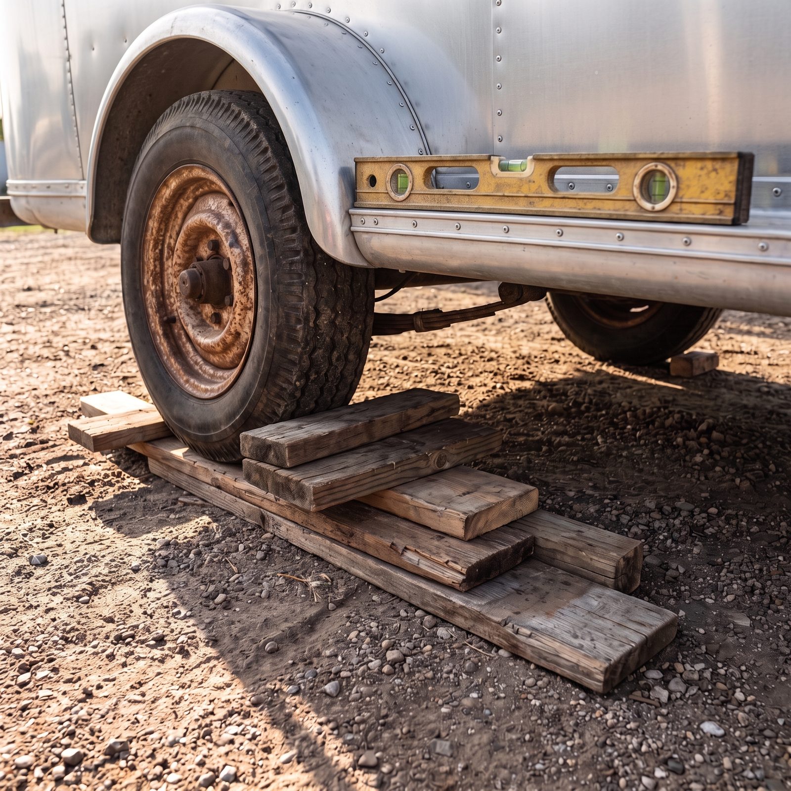 Leveling the Trailer With Scrap Lumber and a Bubble Level