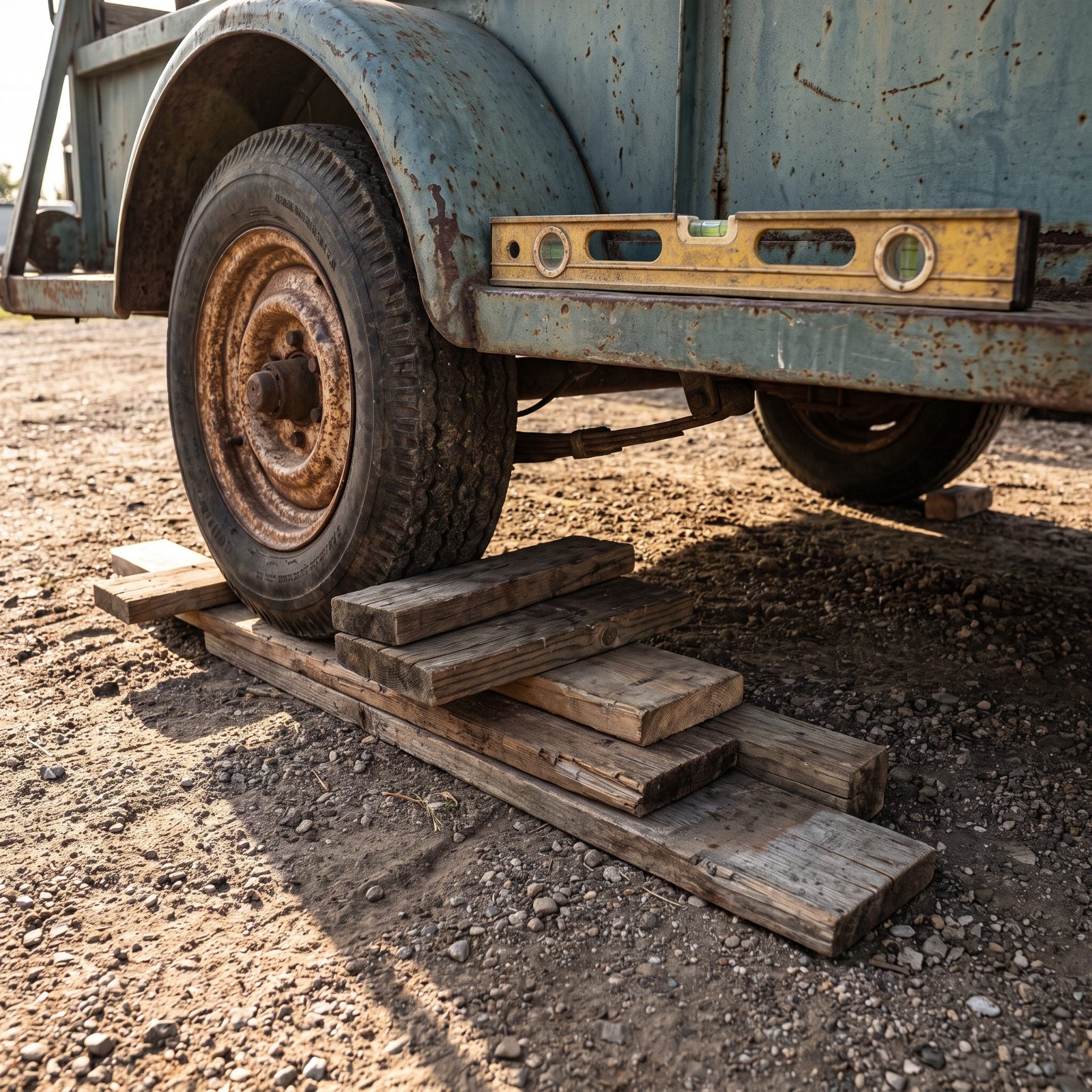 Leveling the Trailer With Scrap Lumber and a Bubble Level
