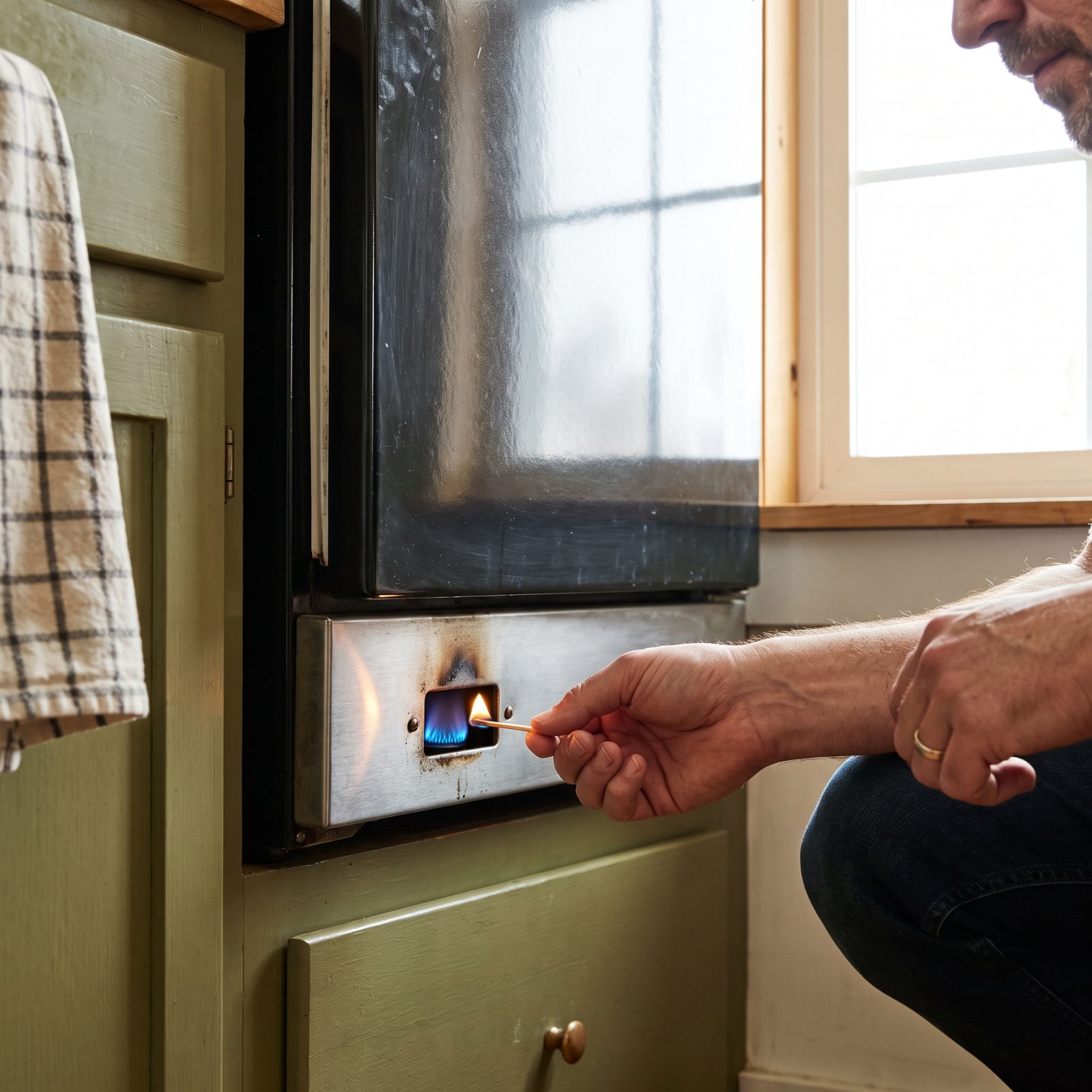 Lighting the Refrigerator by Hand and Checking the Flame Through a Tiny Opening