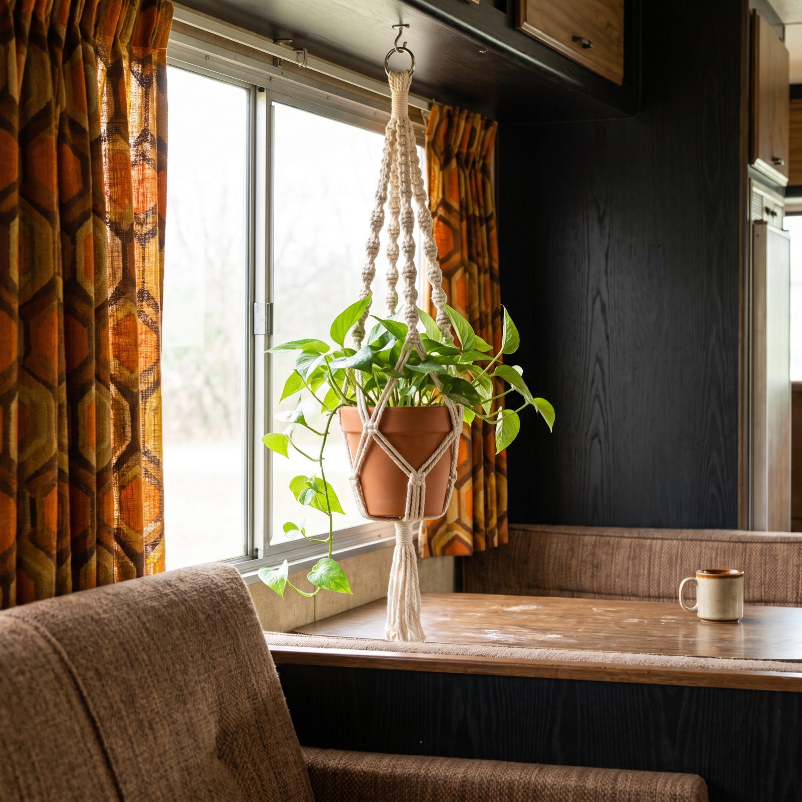 Macramé Plant Hangers Swaying Over the Dinette